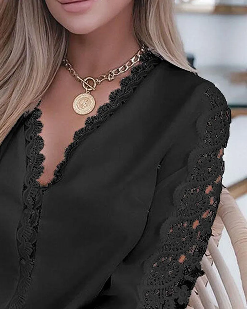 Guipure Lace Patch Long Sleeve Button Front Top