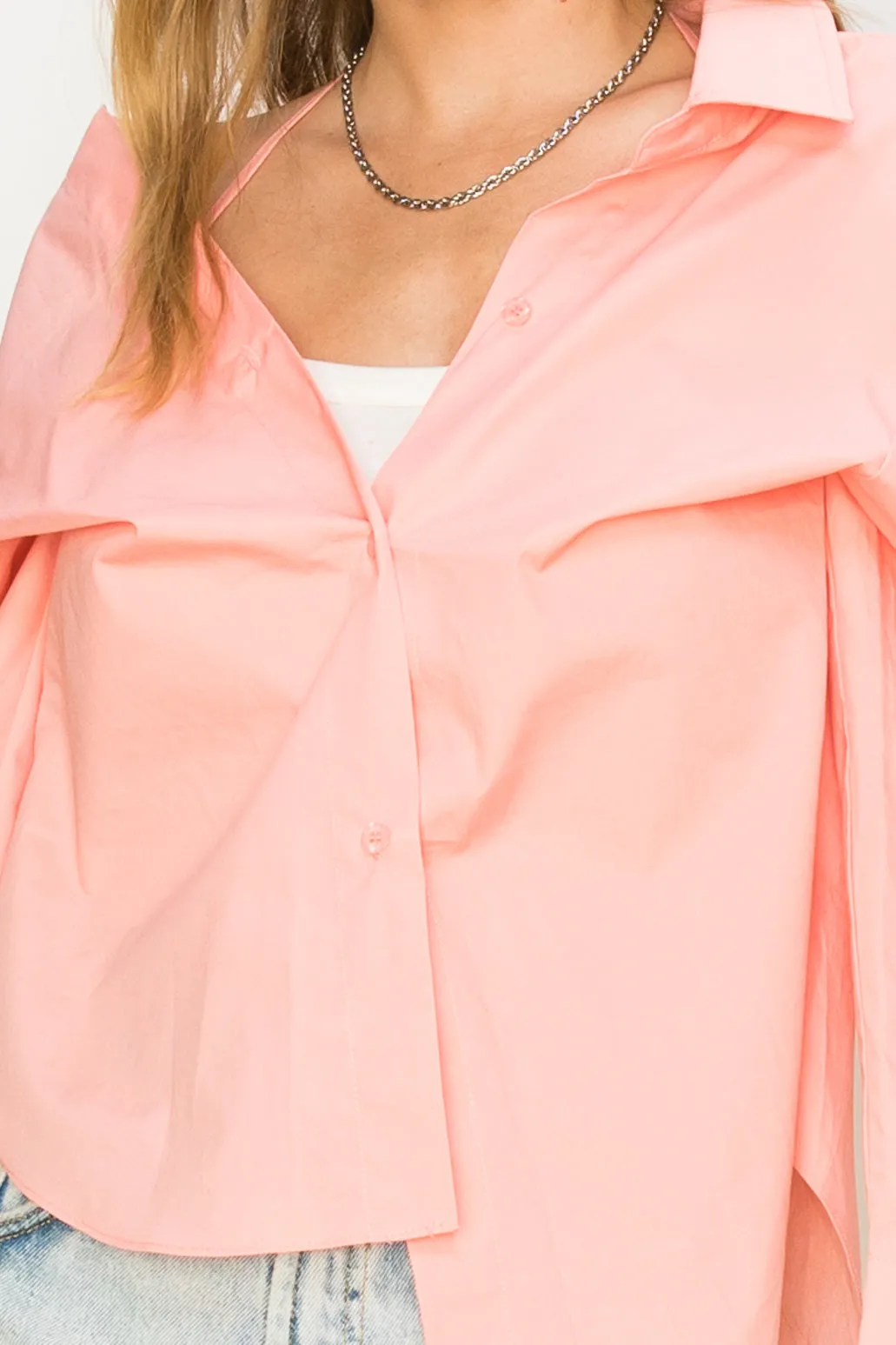 HF22G139-OFF SHOULDER ASYMMETRCAL BUTTON-UP SHIRT