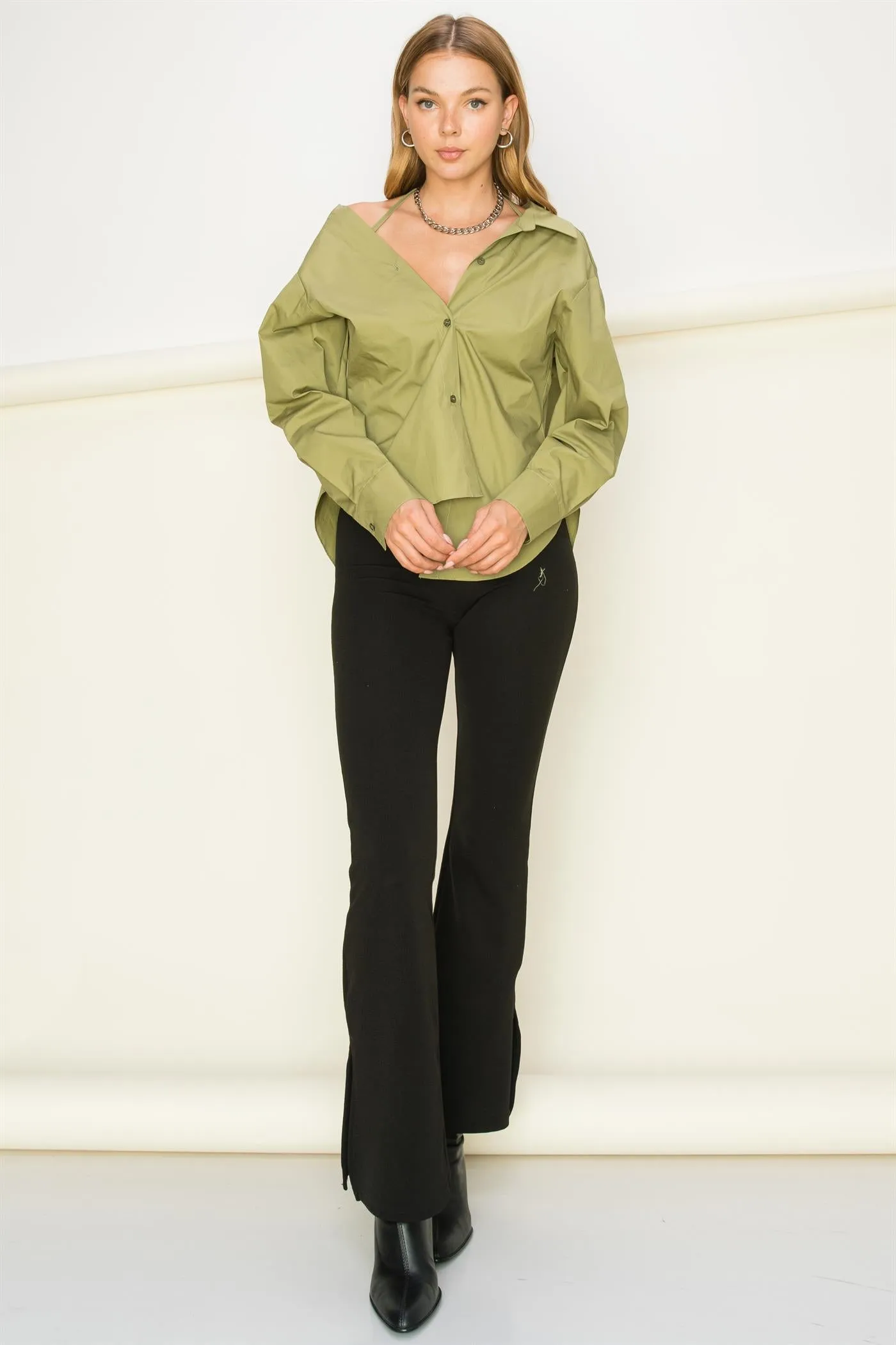 HF22G139-OFF SHOULDER ASYMMETRCAL BUTTON-UP SHIRT