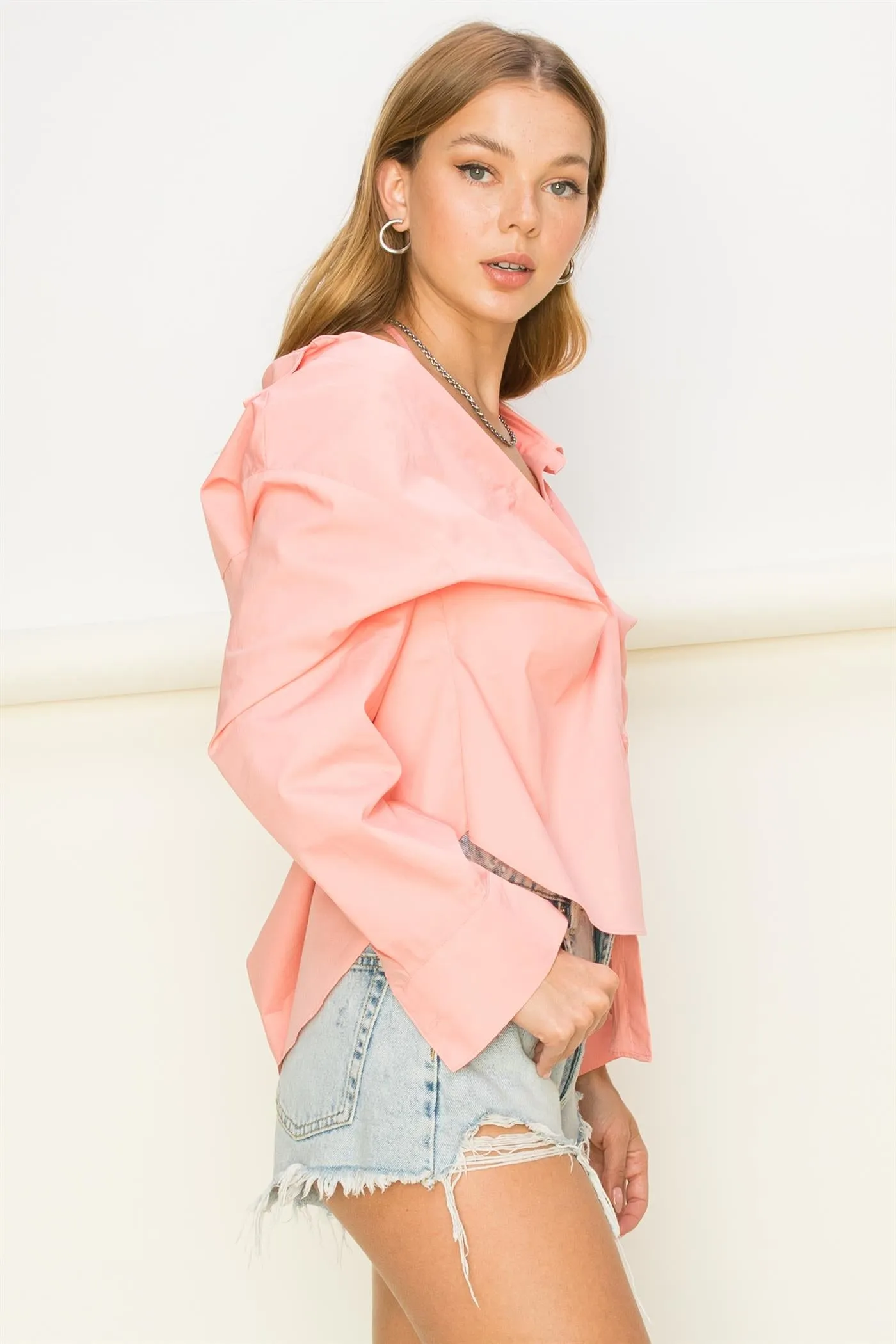 HF22G139-OFF SHOULDER ASYMMETRCAL BUTTON-UP SHIRT