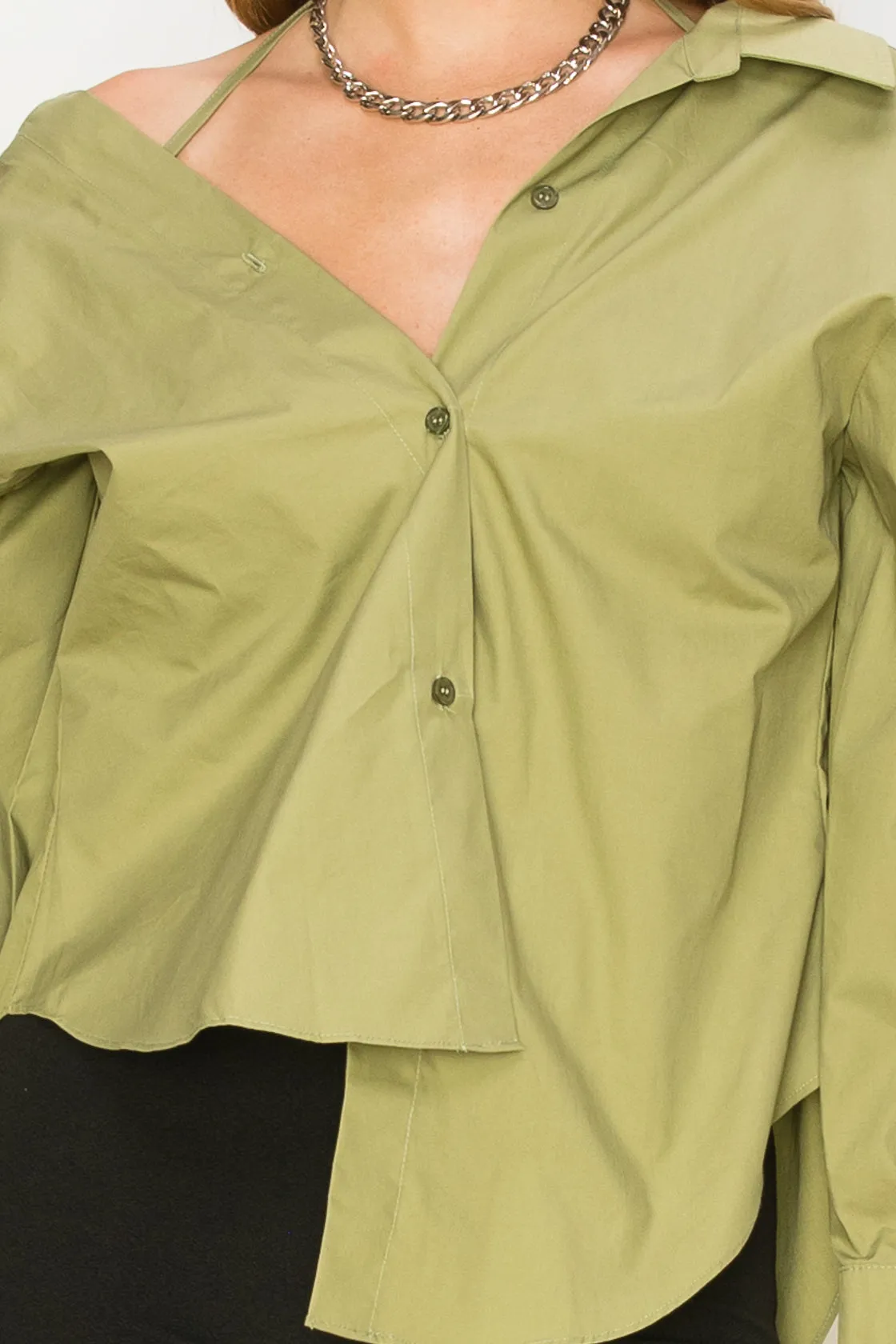 HF22G139-OFF SHOULDER ASYMMETRCAL BUTTON-UP SHIRT