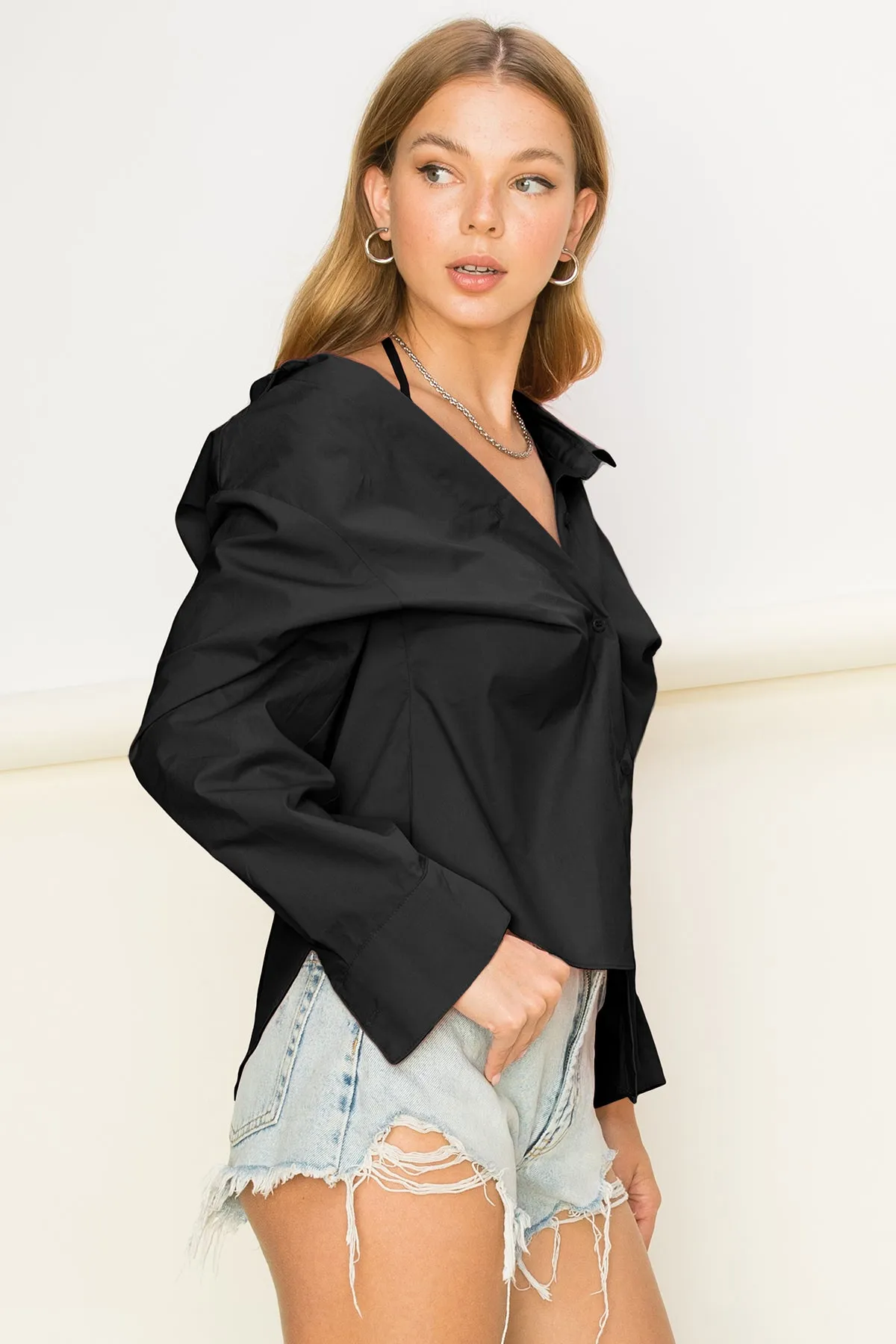 HF22G139-OFF SHOULDER ASYMMETRCAL BUTTON-UP SHIRT