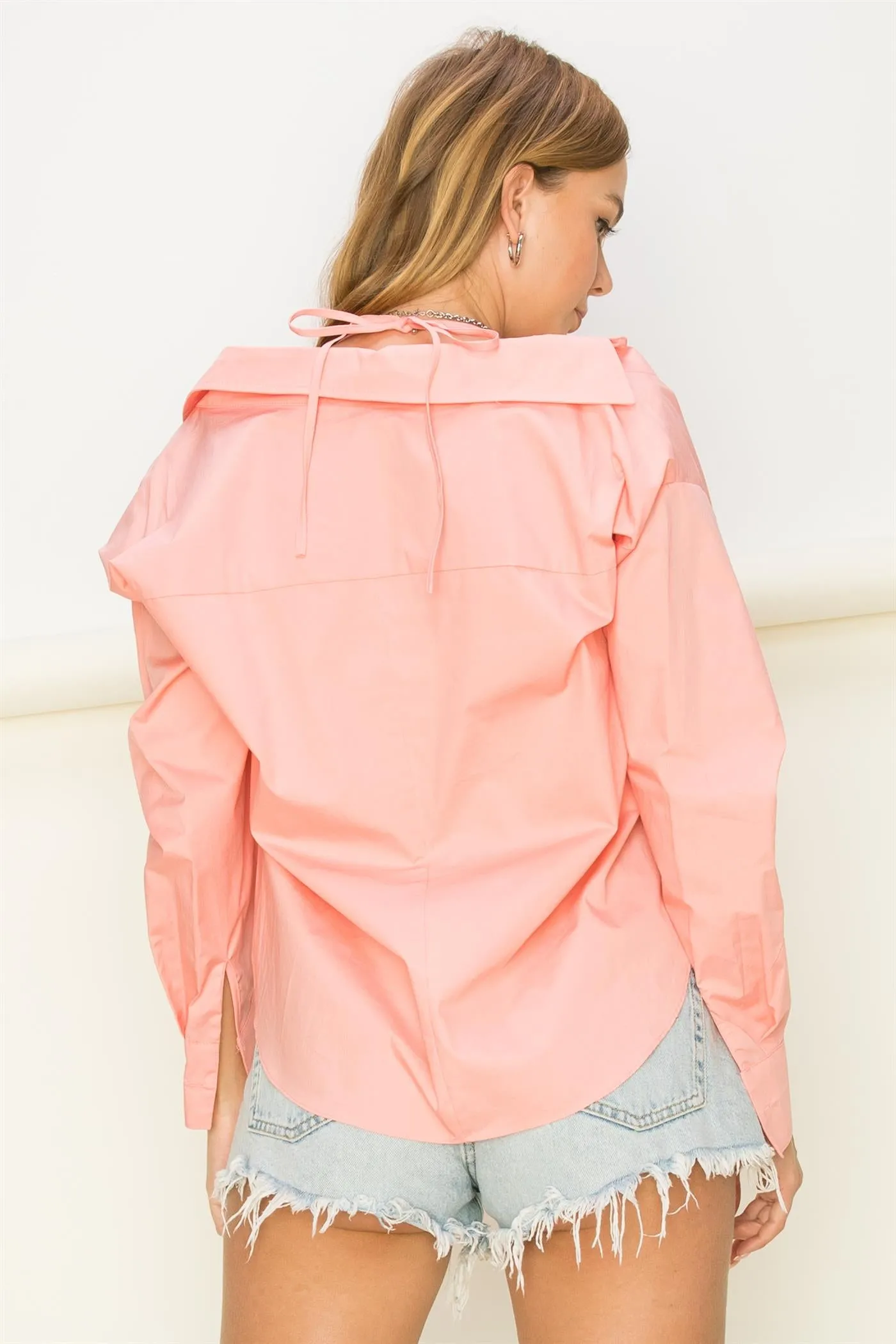 HF22G139-OFF SHOULDER ASYMMETRCAL BUTTON-UP SHIRT