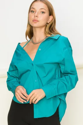 HF22G139-OFF SHOULDER ASYMMETRCAL BUTTON-UP SHIRT