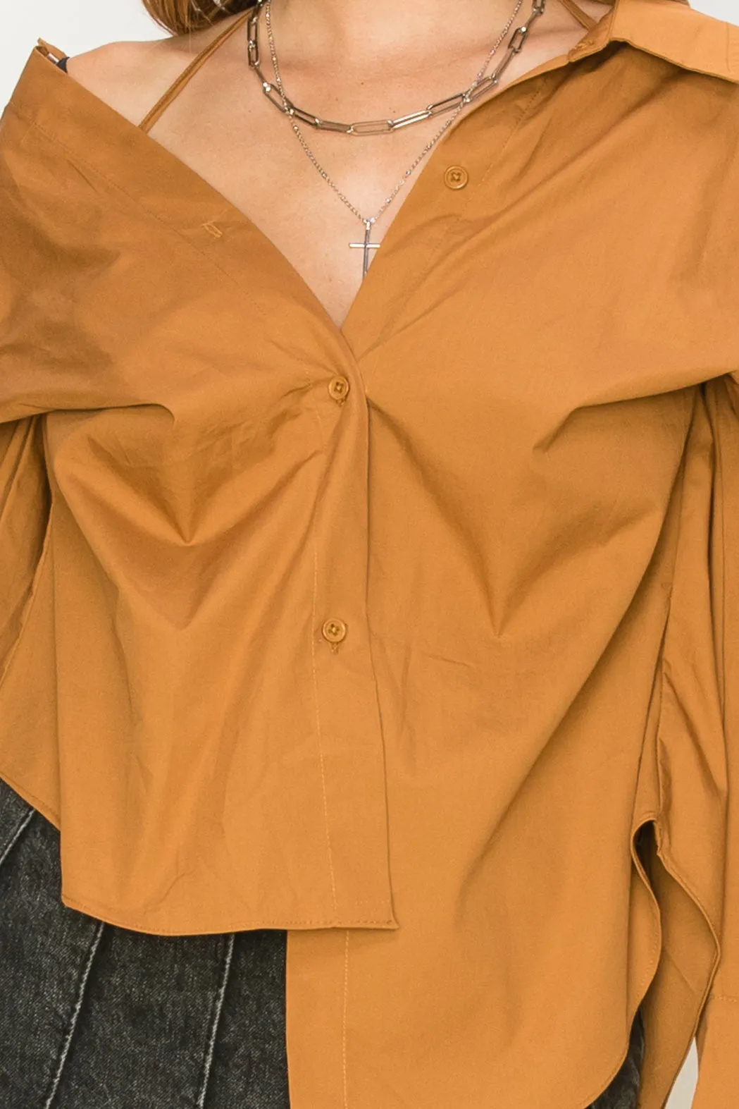 HF22G139-OFF SHOULDER ASYMMETRCAL BUTTON-UP SHIRT