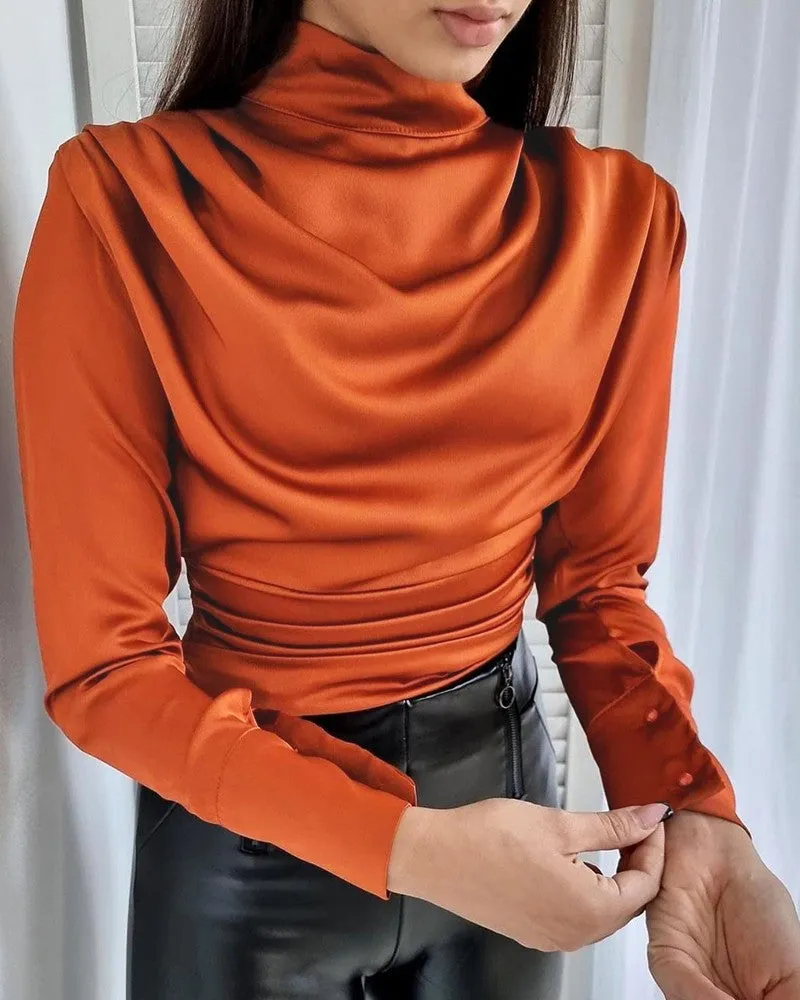 High Neck Ruched Long Sleeve Top