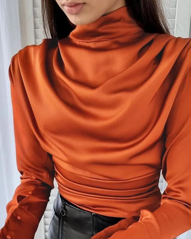 High Neck Ruched Long Sleeve Top