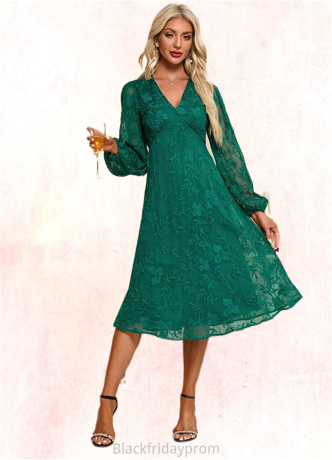 Katie Flower V-Neck Elegant A-line Chiffon Midi Dresses BF2P0022323