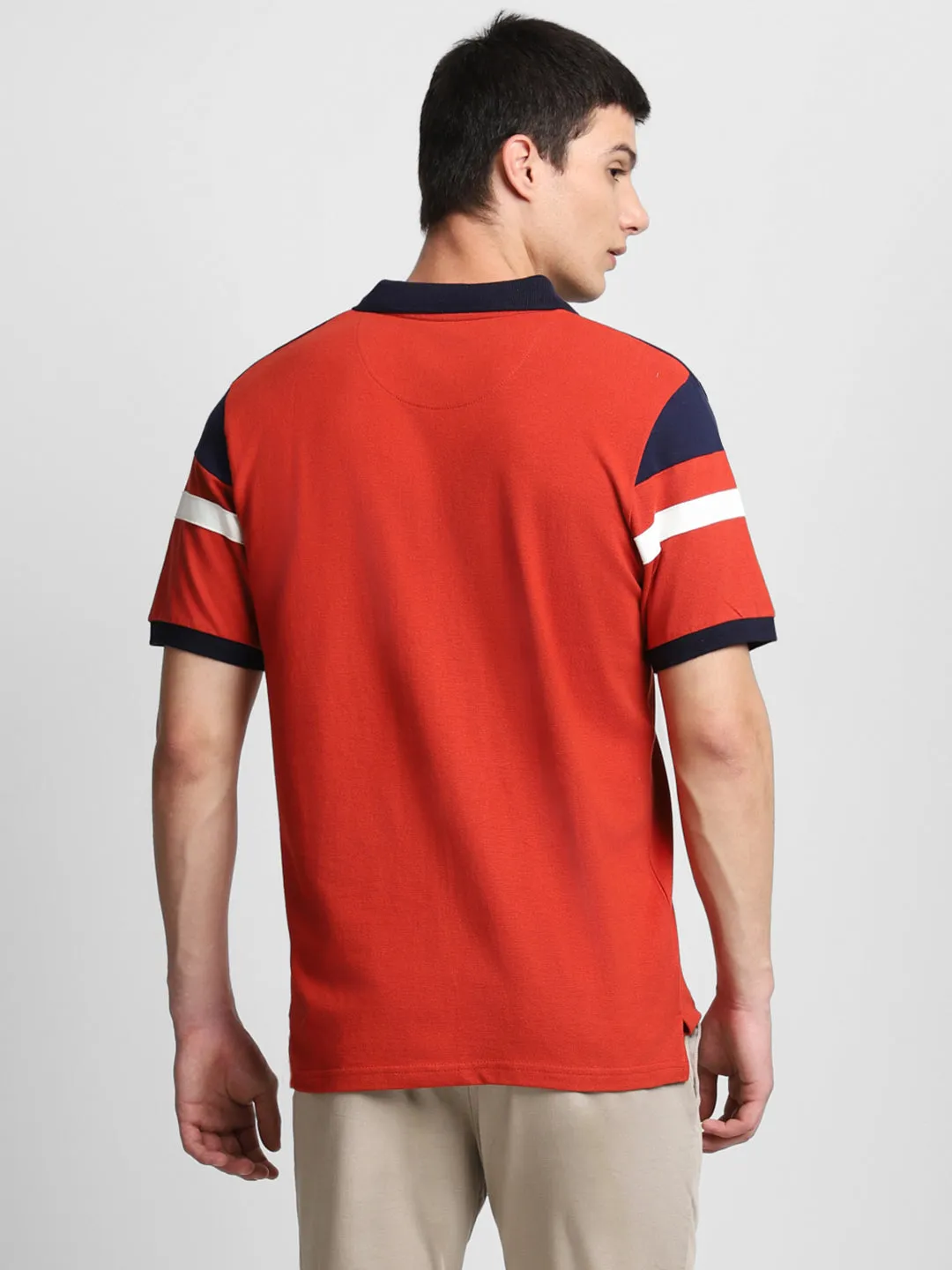 Men's Cotton Red Colorblocked Polo T-Shirt