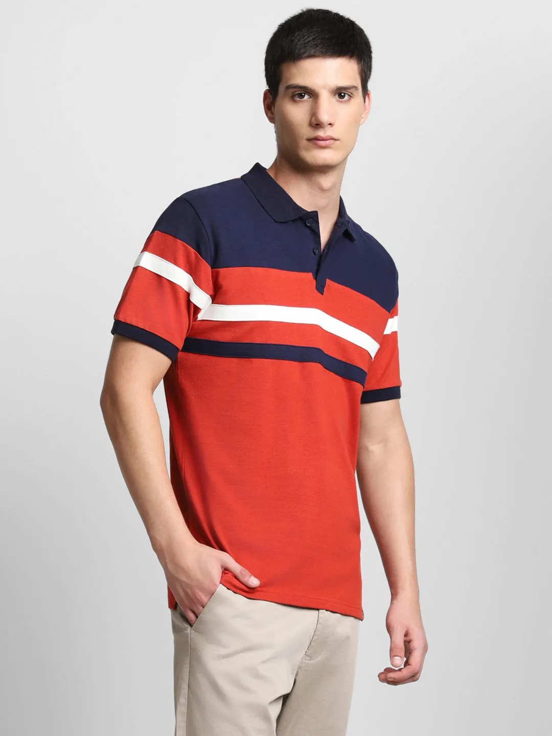 Men's Cotton Red Colorblocked Polo T-Shirt