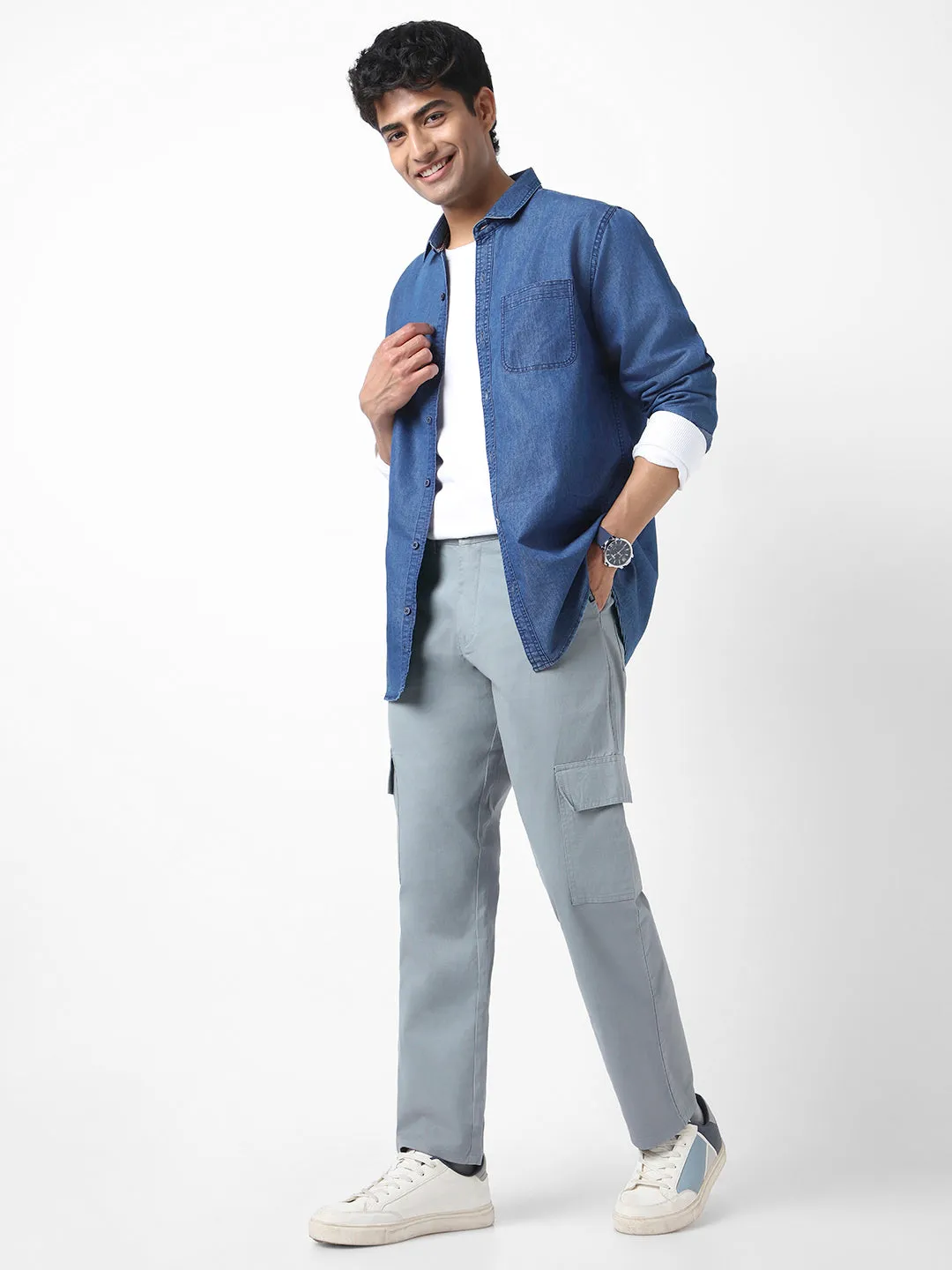 Men's Light Blue Regular Fit Solid Cargo Chino Pant with 6 Pockets Stretchable