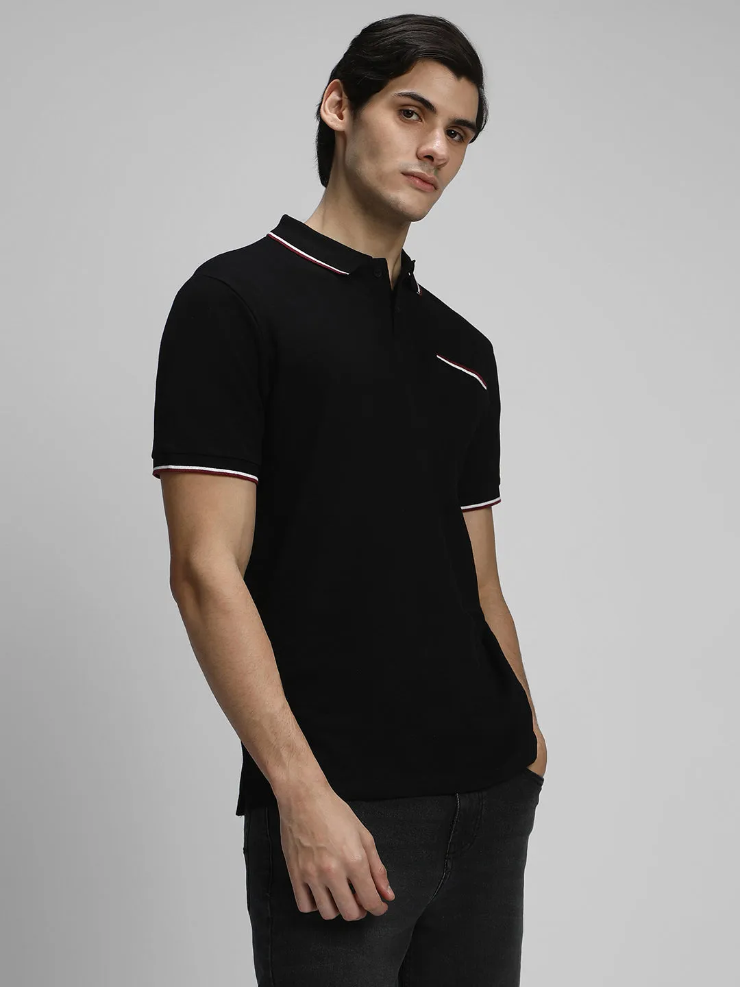 Men's Spread Collar Regular Fit Solid Black T-shirt