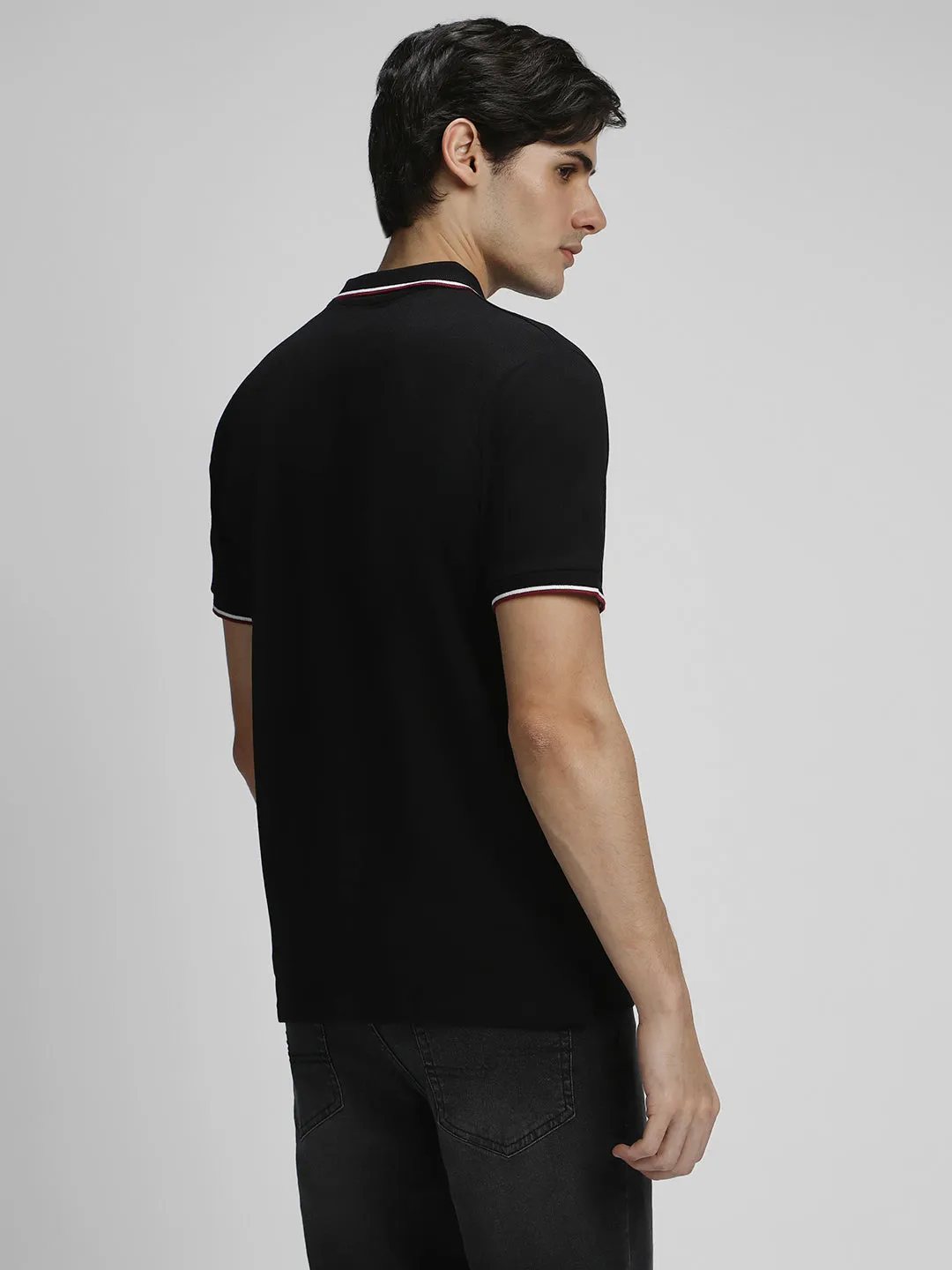 Men's Spread Collar Regular Fit Solid Black T-shirt