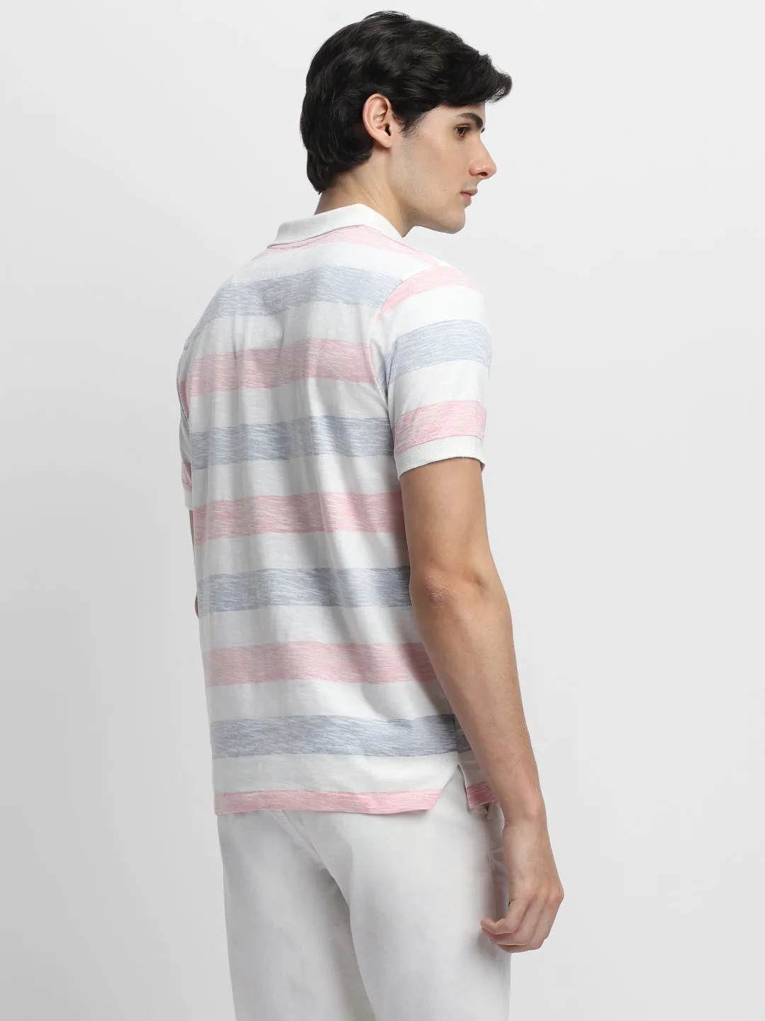 Men's Spread Collar Regular Fit Stripes Blue T-shirt