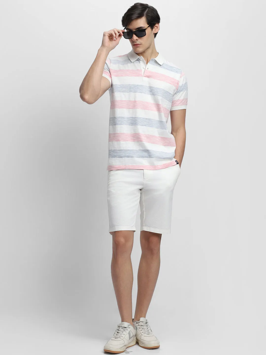 Men's Spread Collar Regular Fit Stripes Blue T-shirt