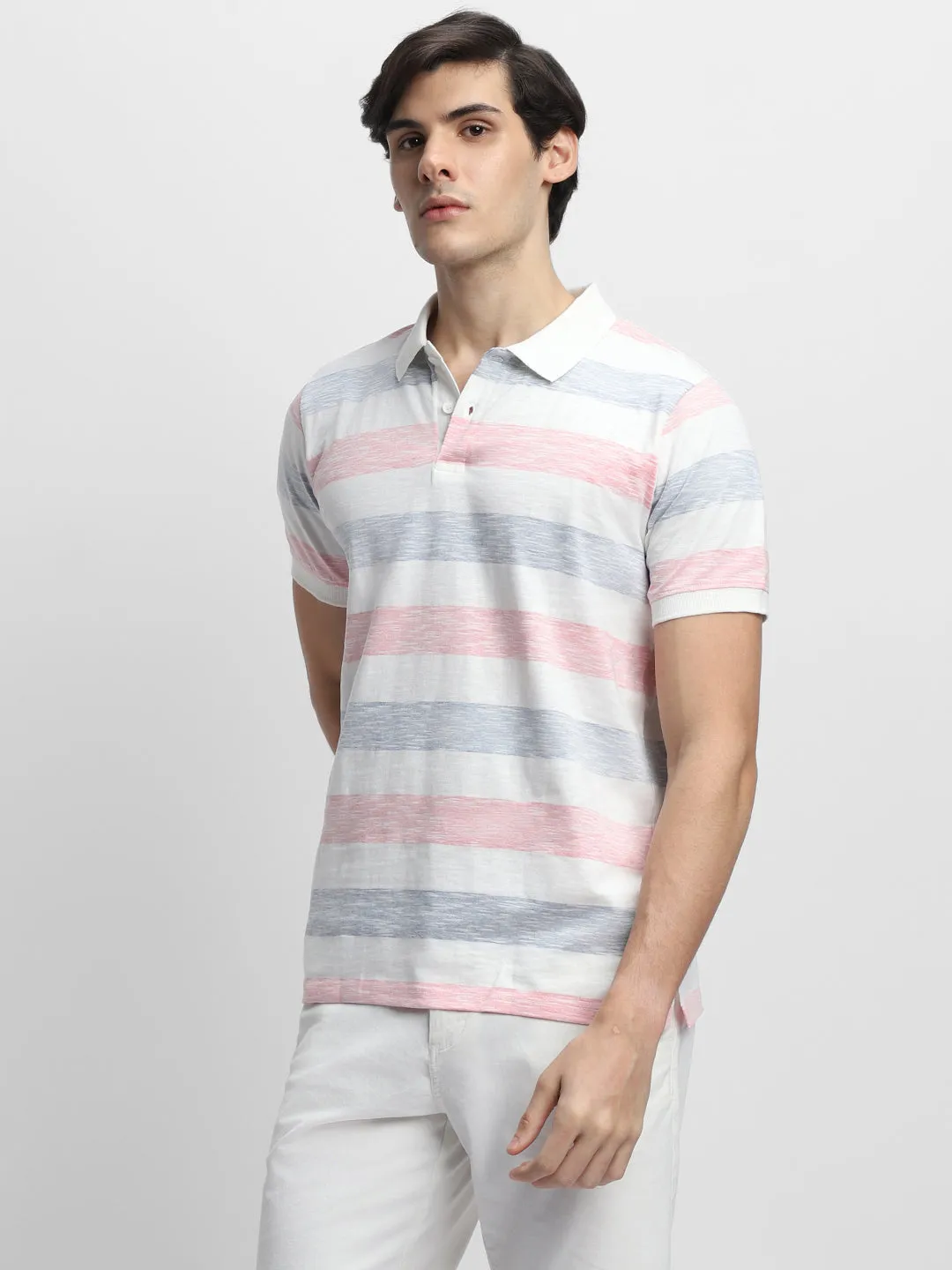 Men's Spread Collar Regular Fit Stripes Blue T-shirt