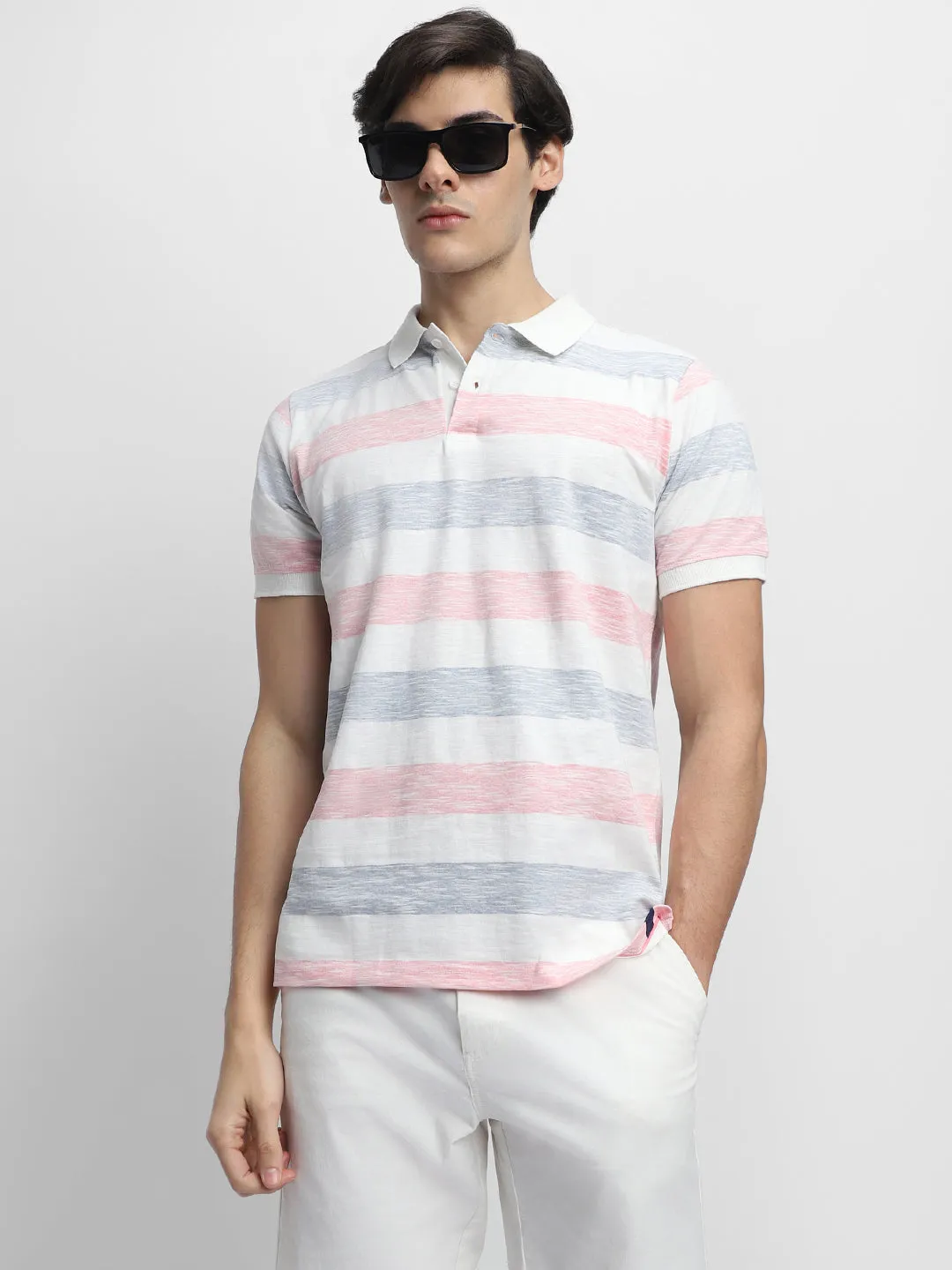 Men's Spread Collar Regular Fit Stripes Blue T-shirt