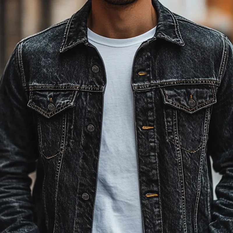 Men's Vintage Black Washed Distressed Denim Jacket 67477922U