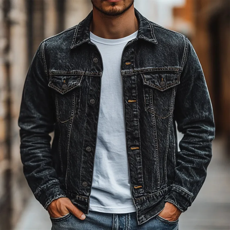 Men's Vintage Black Washed Distressed Denim Jacket 67477922U