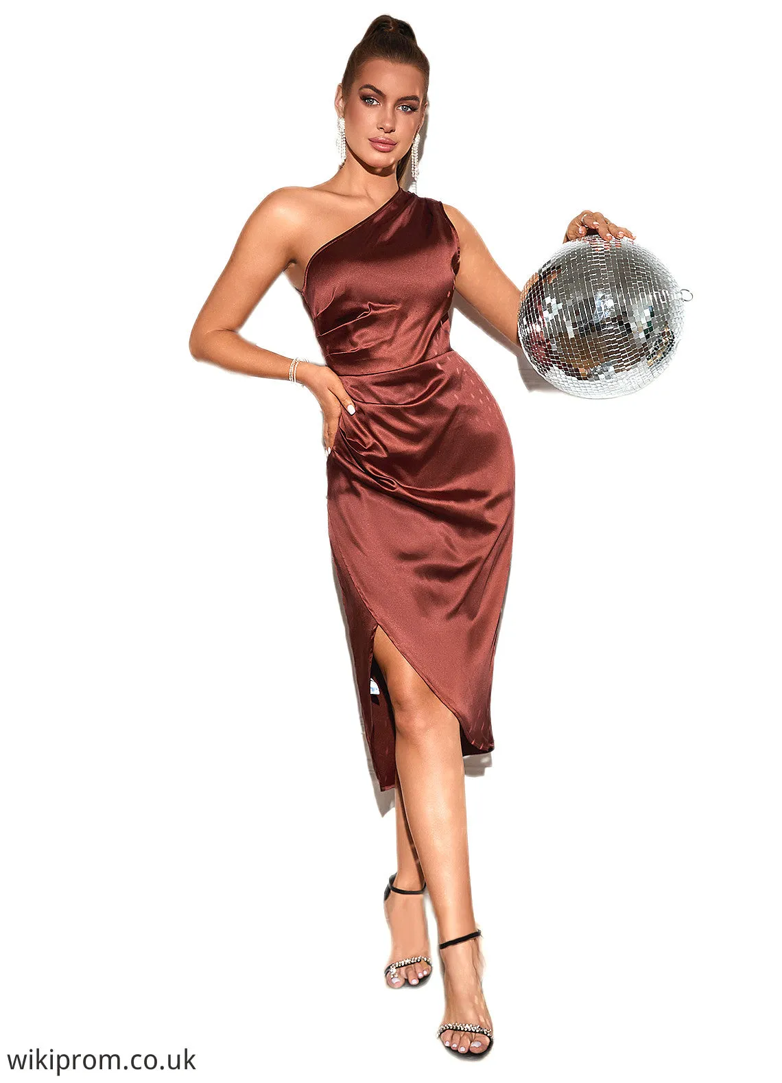 Mireya Ruffle One Shoulder Elegant Sheath/Column Satin Midi Dresses SWKP0022363