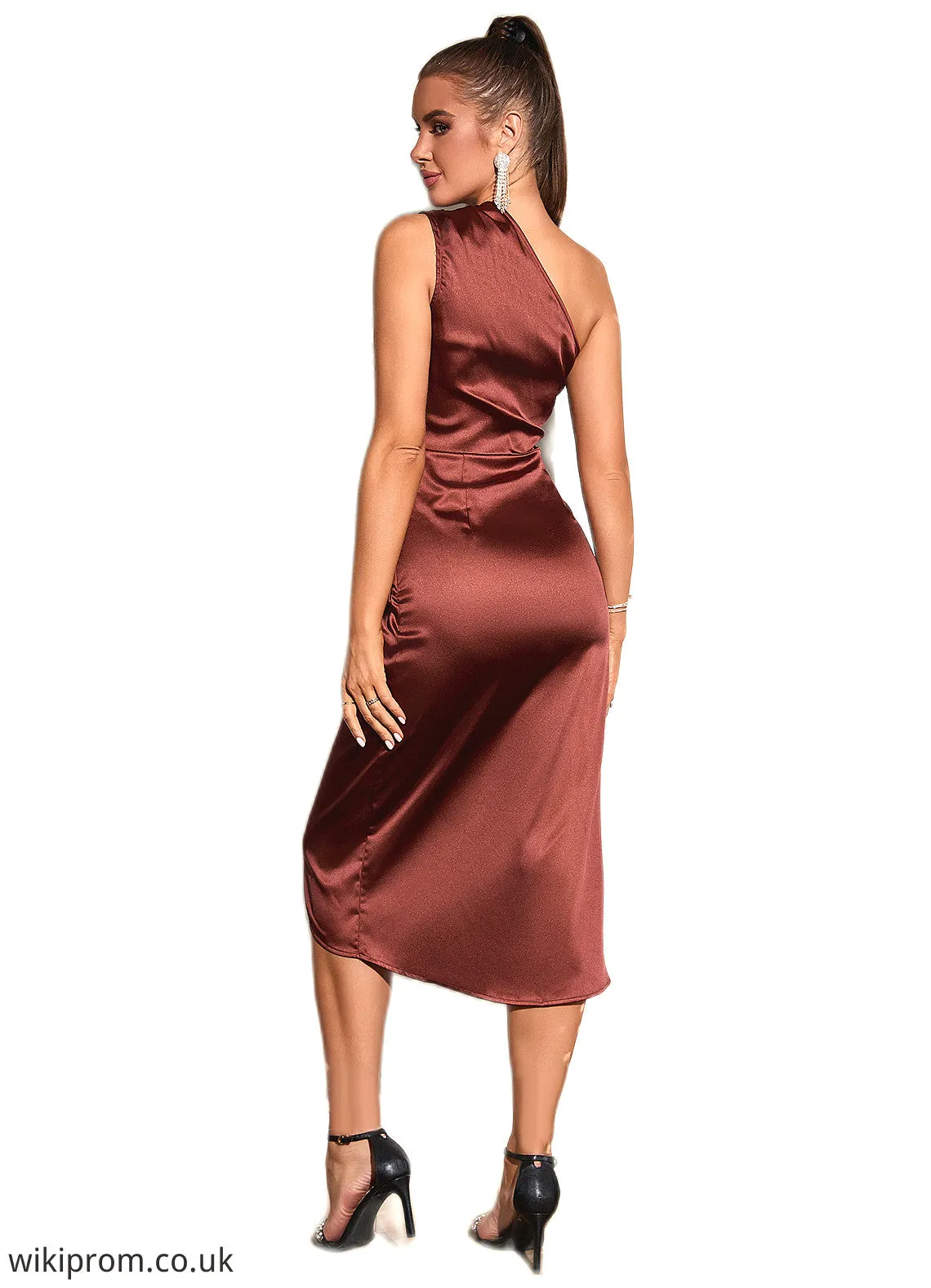 Mireya Ruffle One Shoulder Elegant Sheath/Column Satin Midi Dresses SWKP0022363