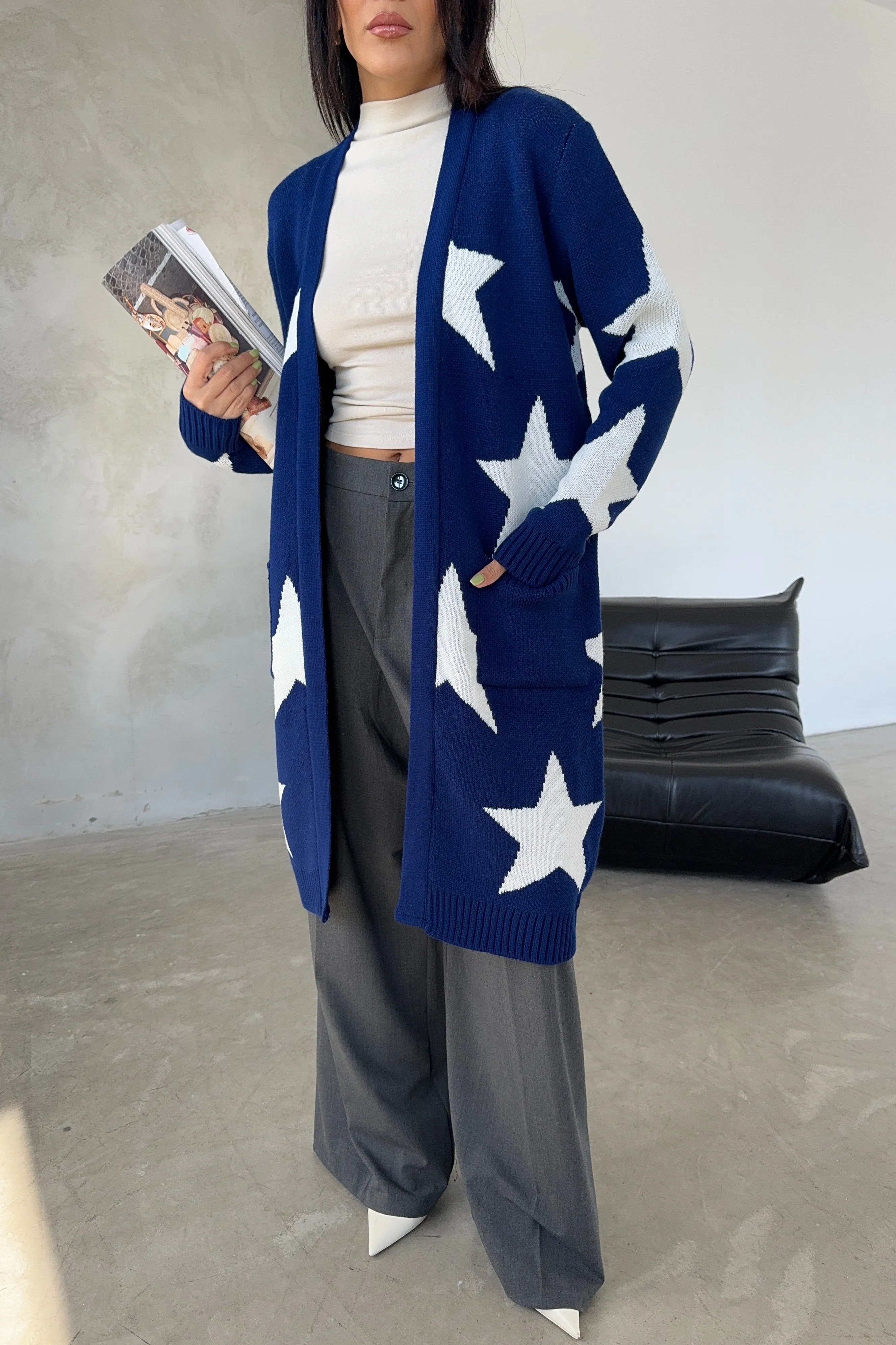 Navy Star-Print Midi Cardigan