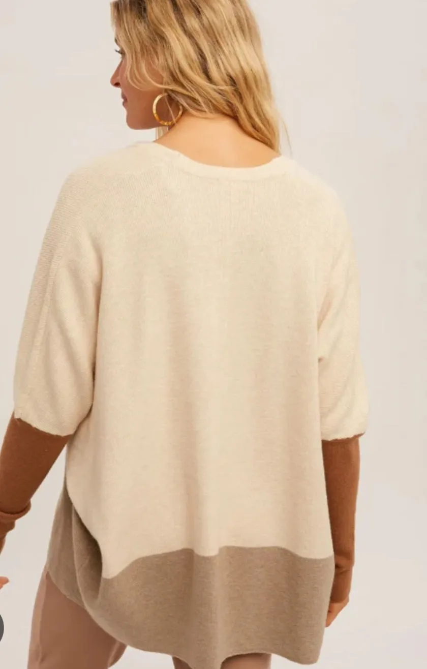 Neutral color block dolman sleeve open cardigan