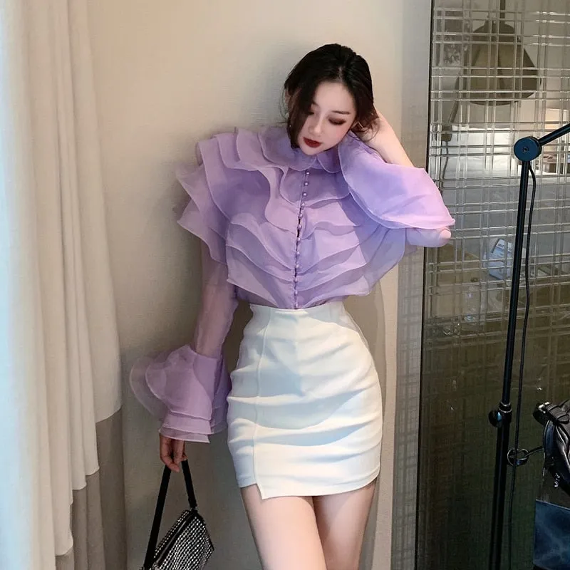 New France Autumn Women&#39;s Layer Ruffles Solid Top Fashion Female Flare Sleeve Patchwork Elegant Perspective Chic Blouses Shirts