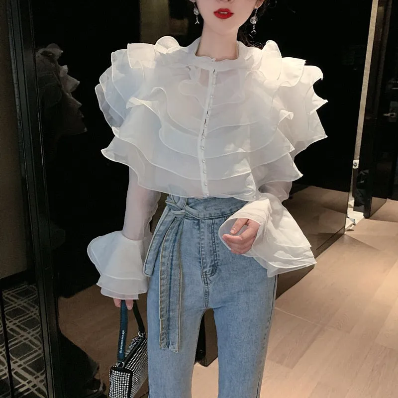 New France Autumn Women&#39;s Layer Ruffles Solid Top Fashion Female Flare Sleeve Patchwork Elegant Perspective Chic Blouses Shirts