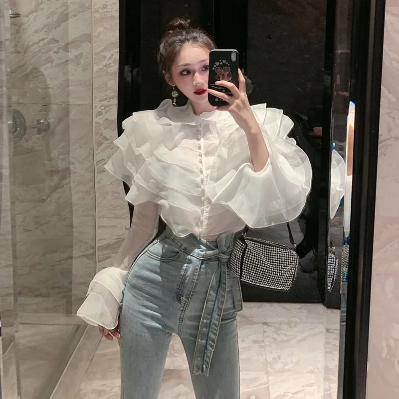 New France Autumn Women&#39;s Layer Ruffles Solid Top Fashion Female Flare Sleeve Patchwork Elegant Perspective Chic Blouses Shirts