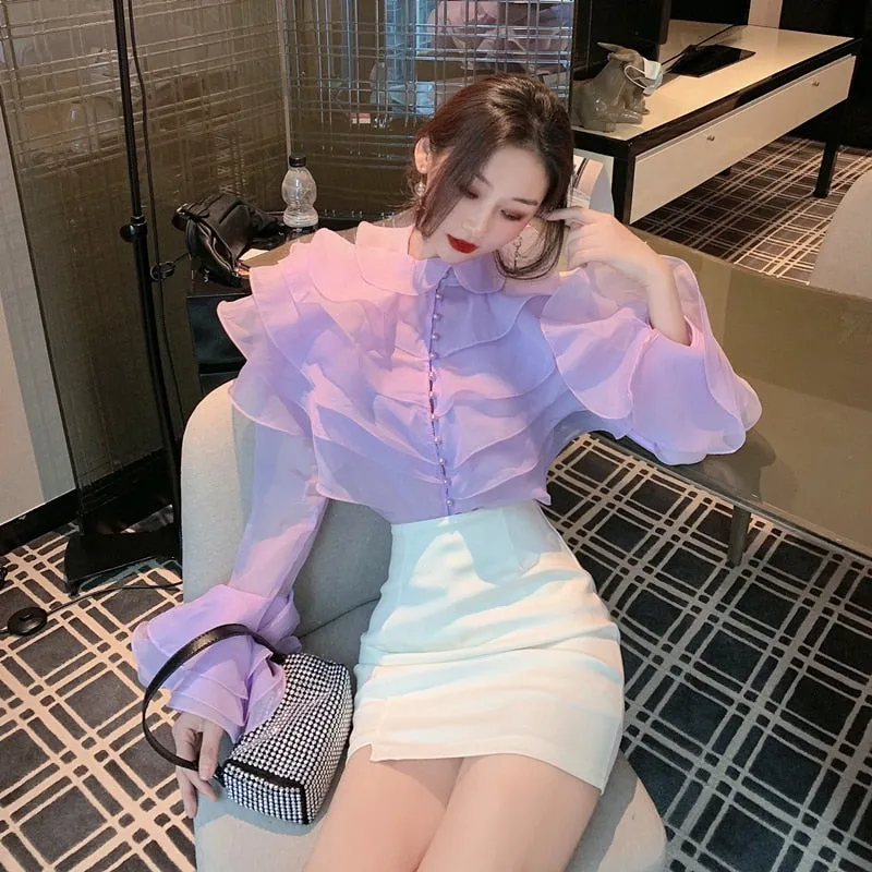 New France Autumn Women&#39;s Layer Ruffles Solid Top Fashion Female Flare Sleeve Patchwork Elegant Perspective Chic Blouses Shirts