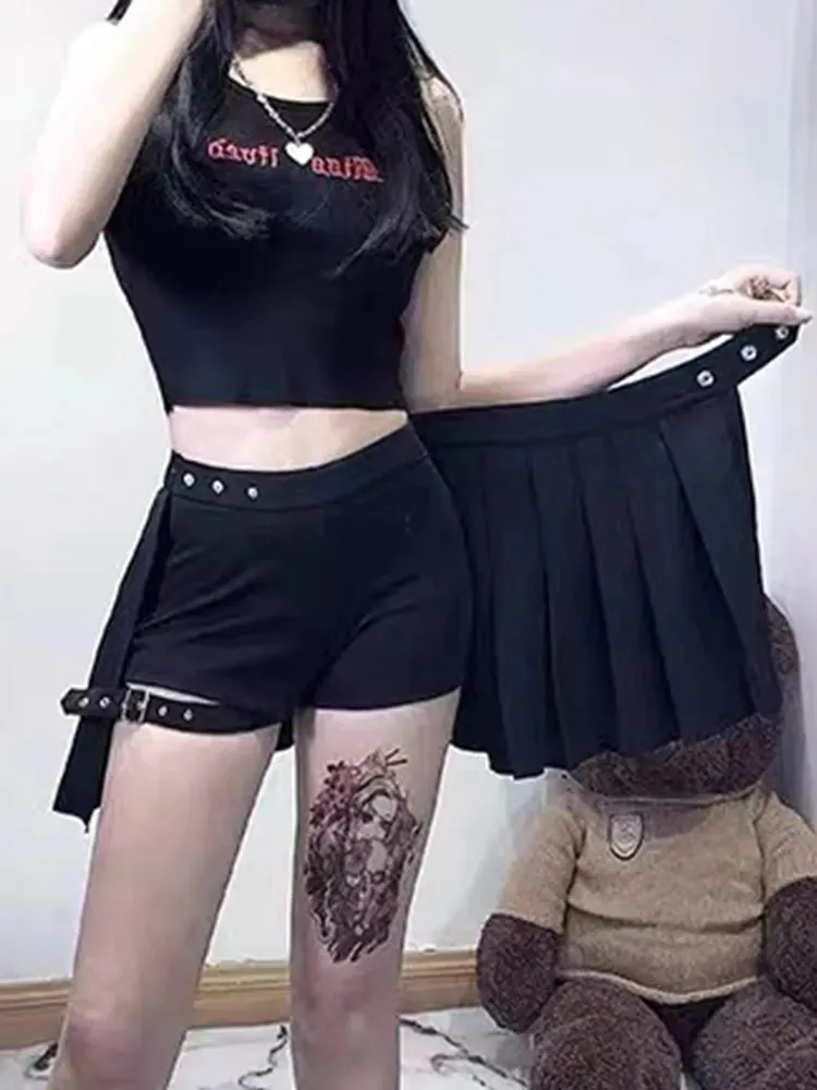 Nocturne Belted Pleat Shorts Skirt - AltGoth Punk Mall Goth Women Y2k E-girl Streetwear Harajuku Leg Ring Buckle Detachable High Waist Emo Alt Clubwear