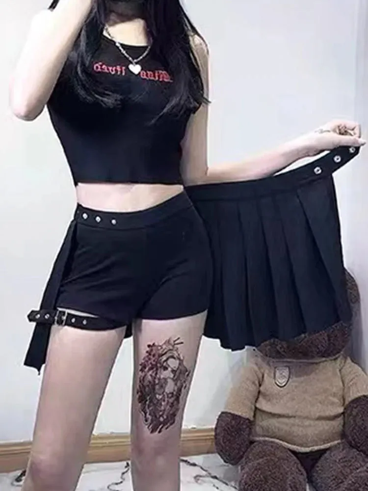Nocturne Belted Pleat Shorts Skirt - AltGoth Punk Mall Goth Women Y2k E-girl Streetwear Harajuku Leg Ring Buckle Detachable High Waist Emo Alt Clubwear