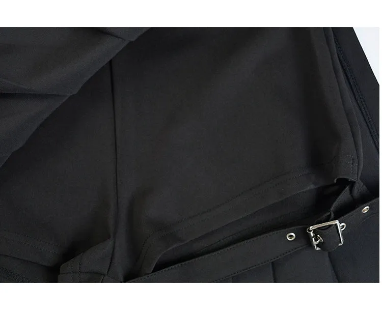 Nocturne Belted Pleat Shorts Skirt - AltGoth Punk Mall Goth Women Y2k E-girl Streetwear Harajuku Leg Ring Buckle Detachable High Waist Emo Alt Clubwear