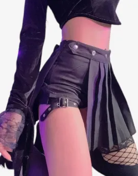 Nocturne Belted Pleat Shorts Skirt - AltGoth Punk Mall Goth Women Y2k E-girl Streetwear Harajuku Leg Ring Buckle Detachable High Waist Emo Alt Clubwear