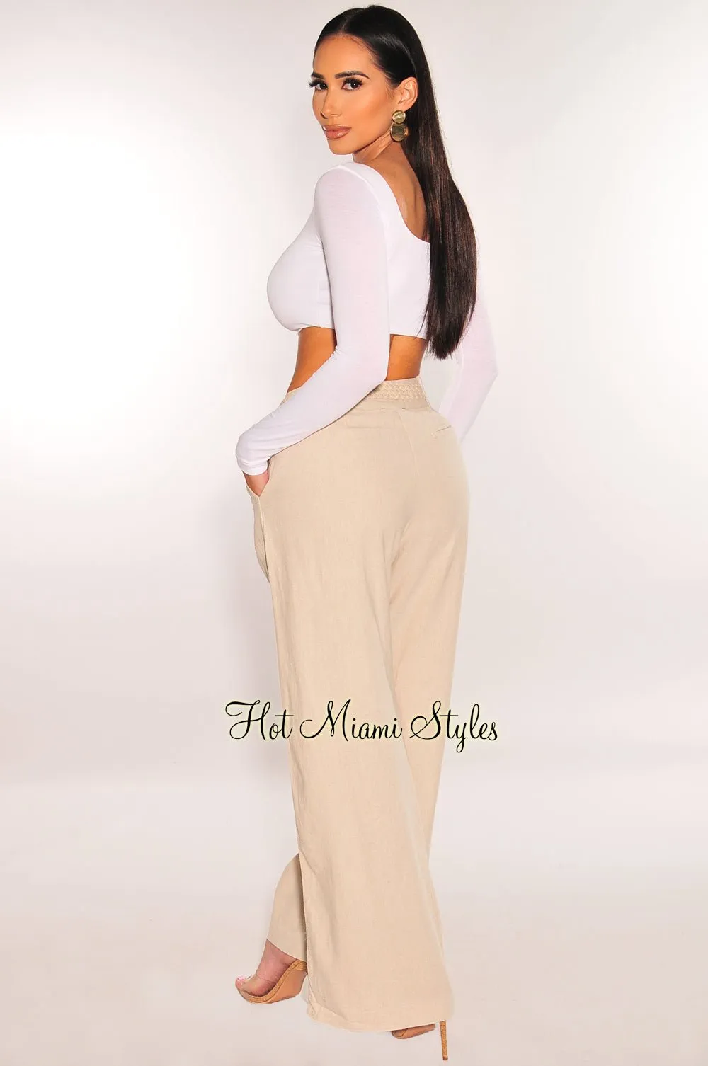 Nude Linen Braided Belt Wide Leg Pants