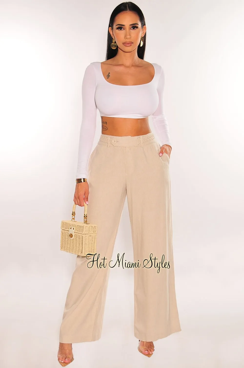 Nude Linen Braided Belt Wide Leg Pants