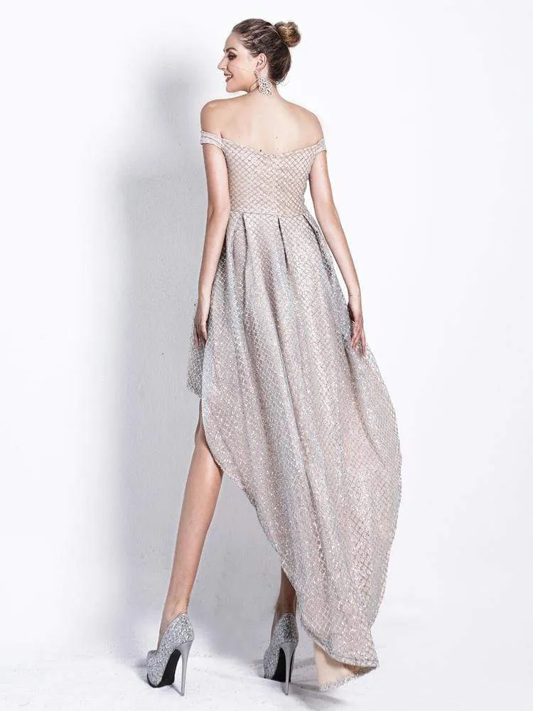 Off-Shoulder Sequin High Low Dress
