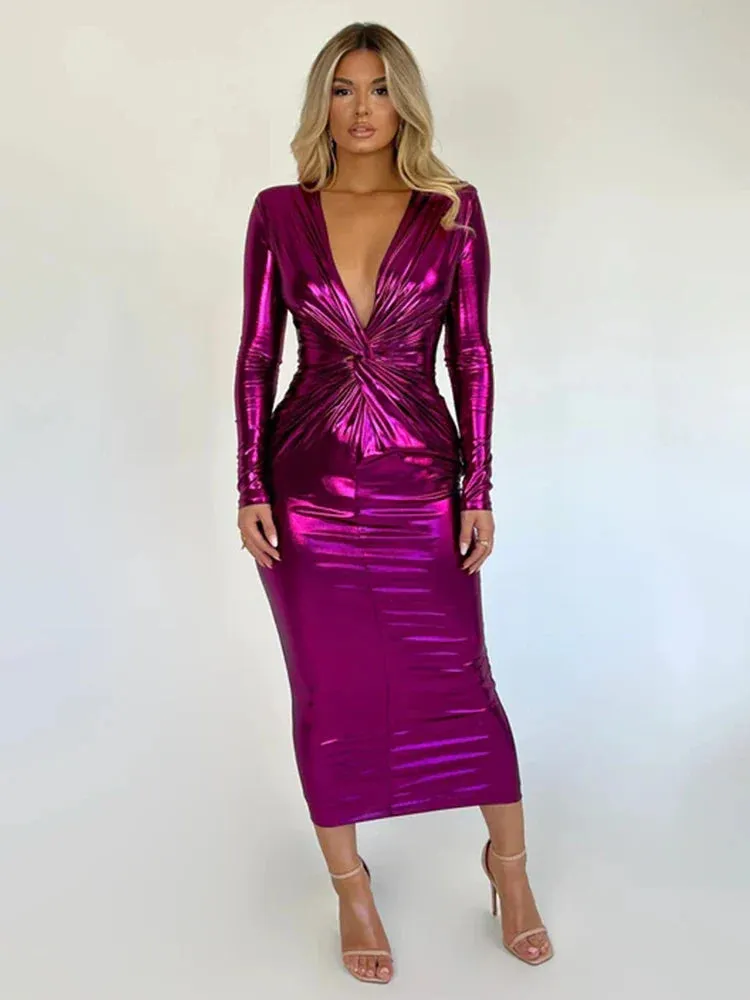 Party Sparkle Glitter Pleated Autumn Winter Elegant Long Slim Bodycon Midi Dress
