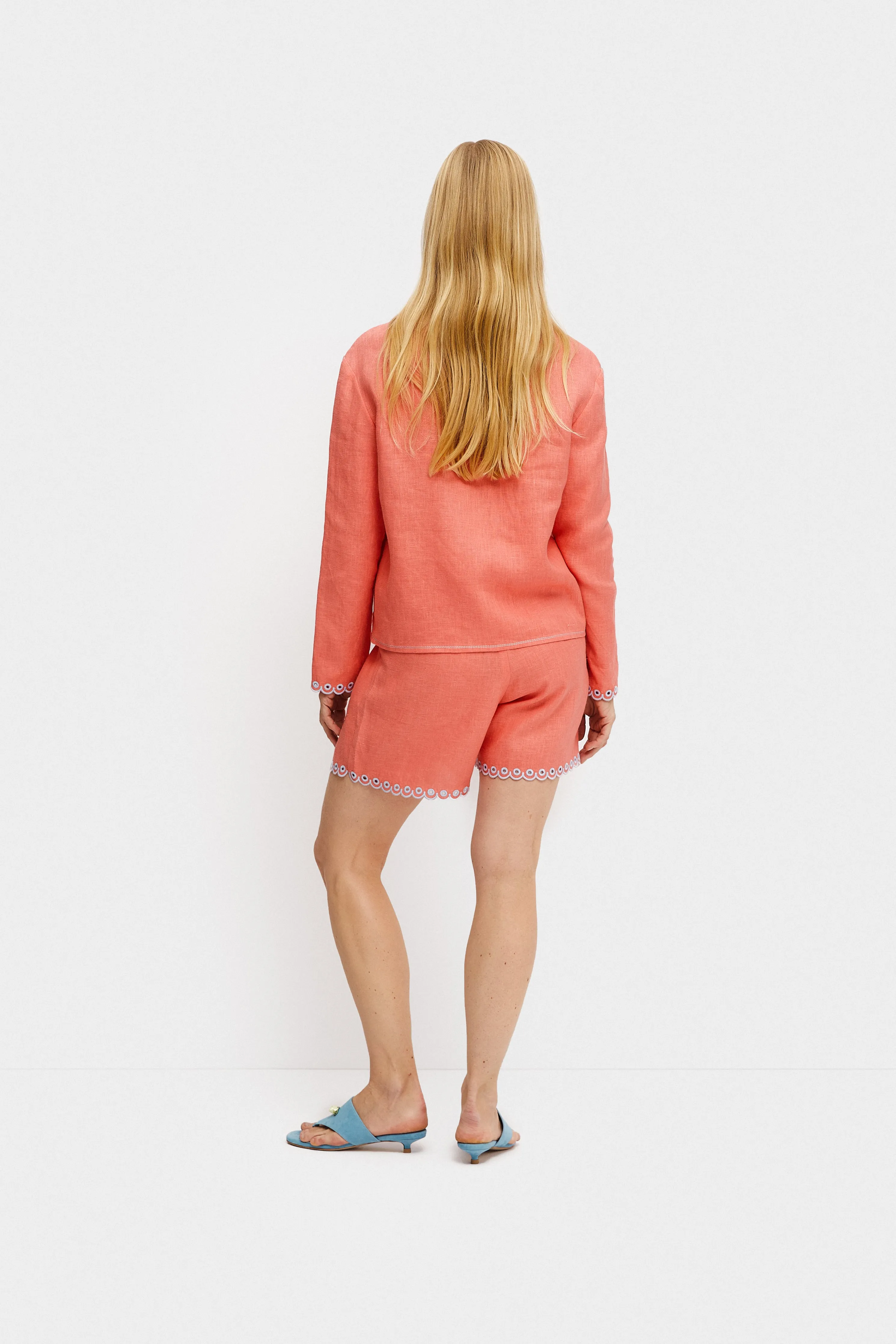 Petra Embroidered Linen Shorts in Strawberry