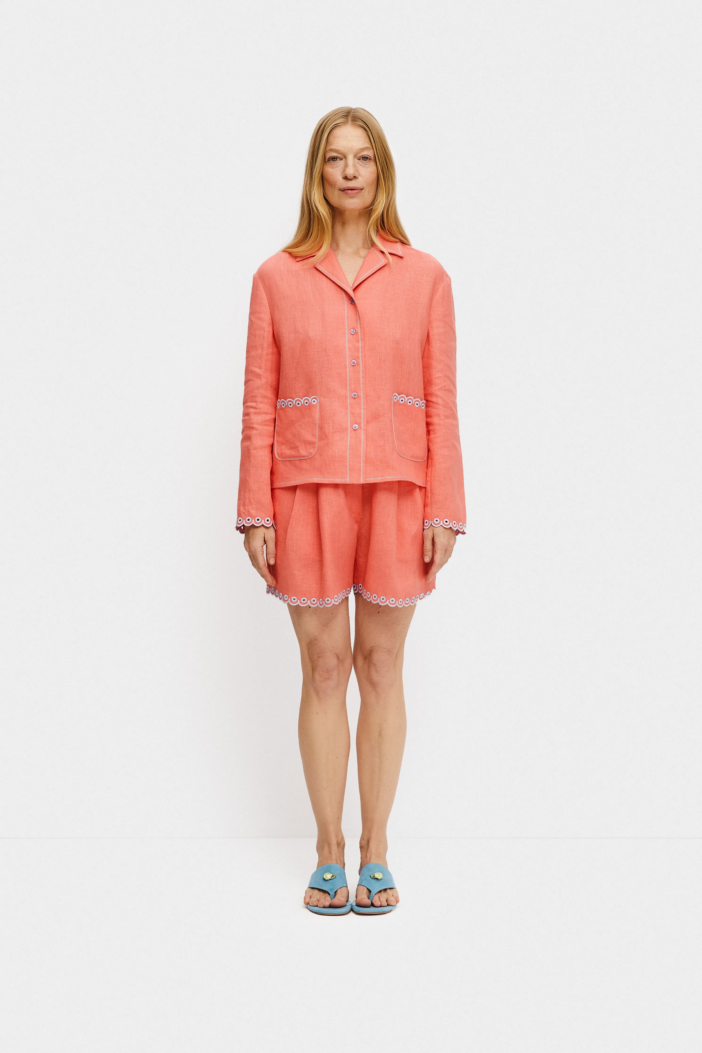 Petra Embroidered Linen Shorts in Strawberry