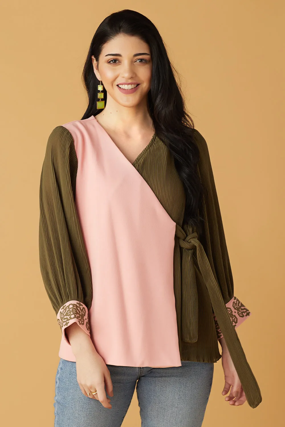 Pink And Olive Green Wrap Top