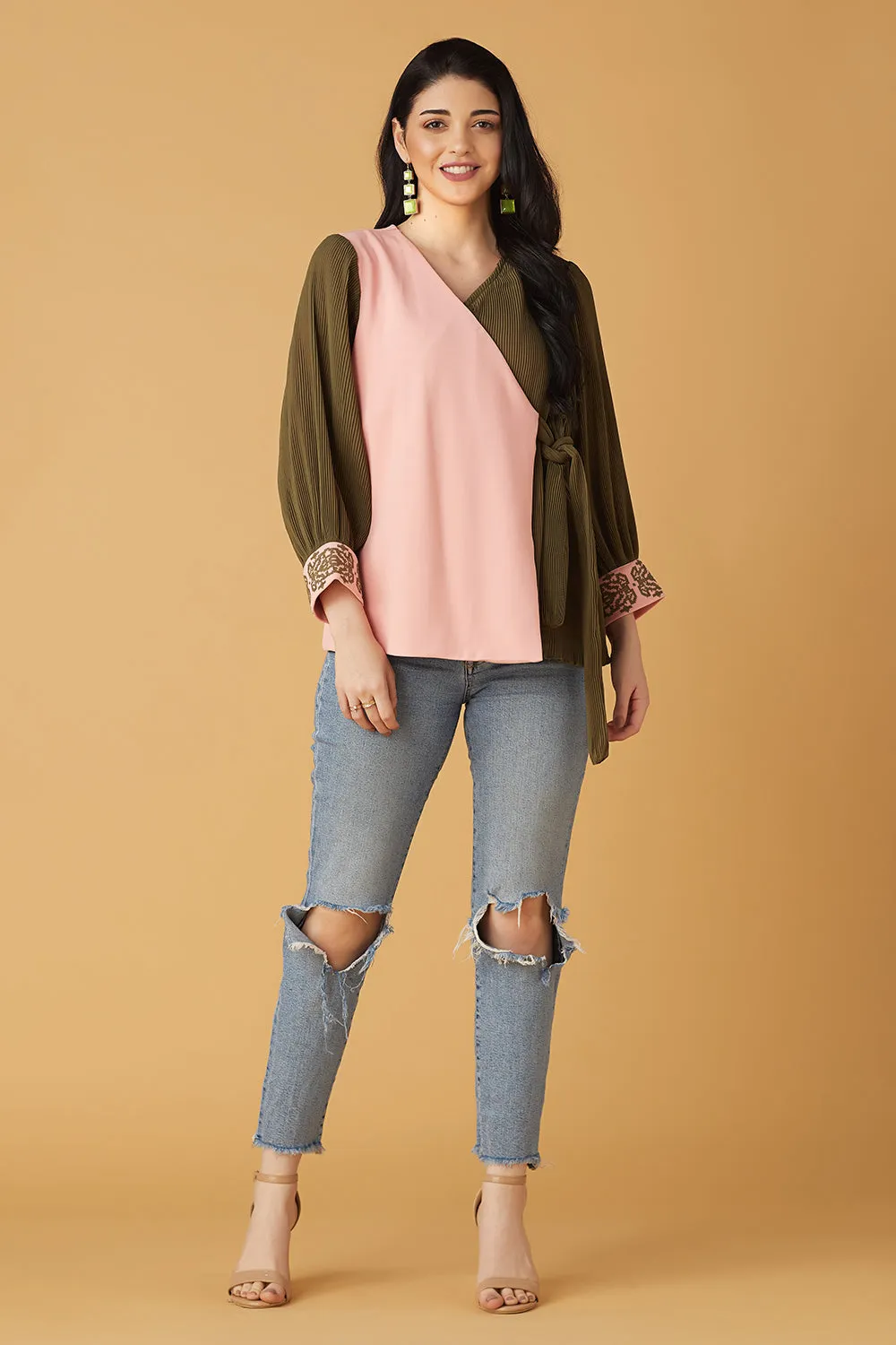Pink And Olive Green Wrap Top