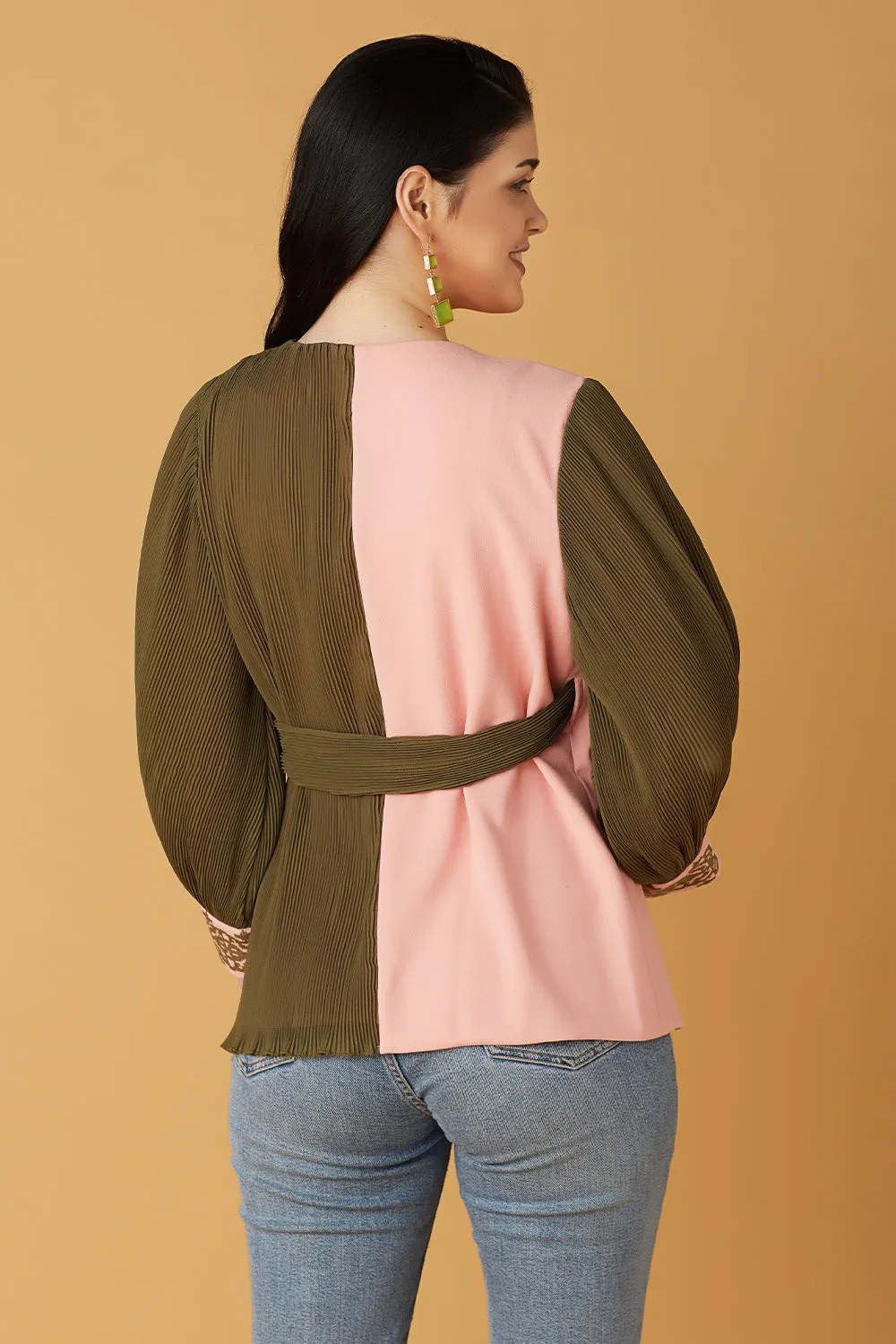 Pink And Olive Green Wrap Top