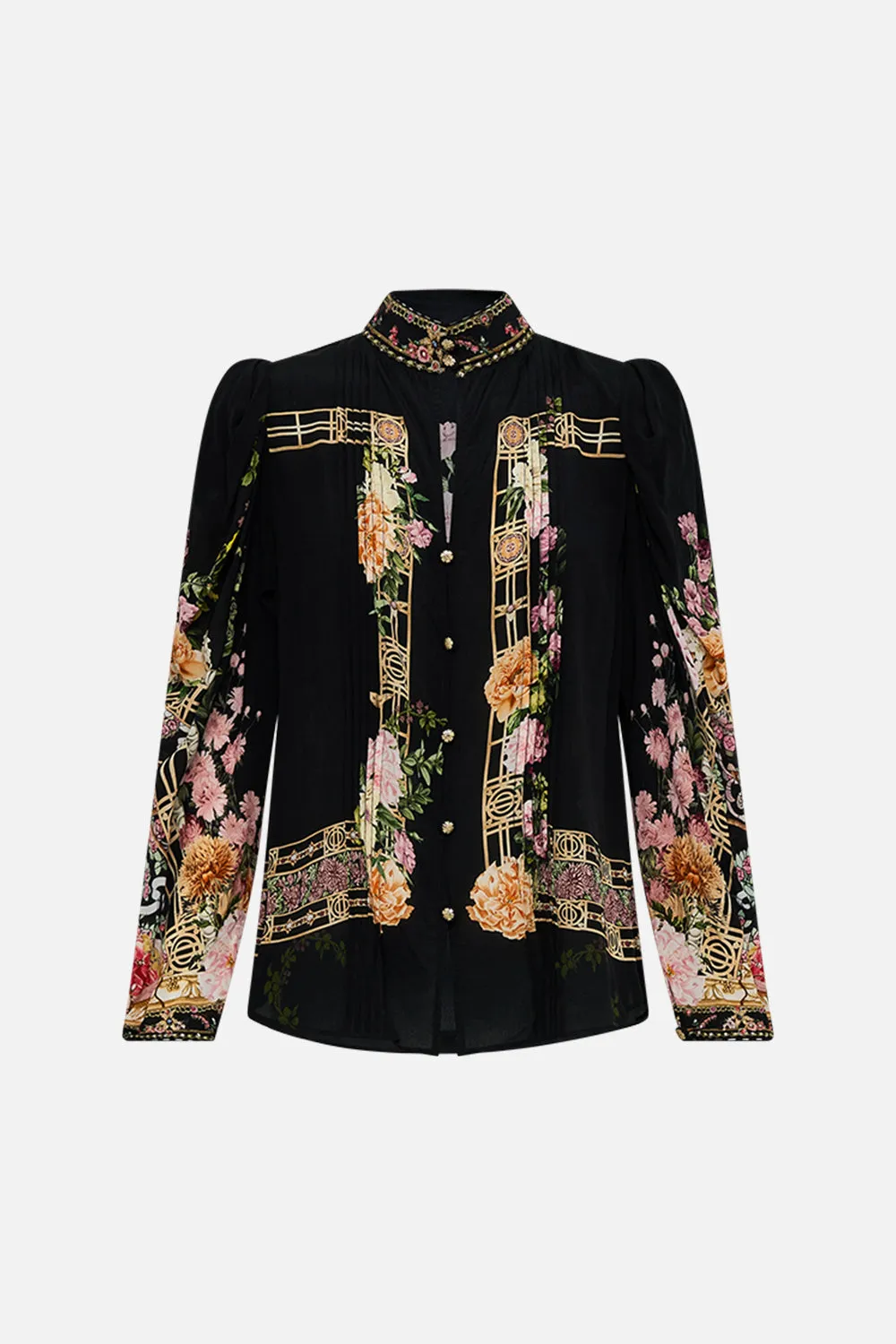 PINTUCK BLOUSE WITH DRAPED SLEEVE ADORNED IN ALEXANDRIA
