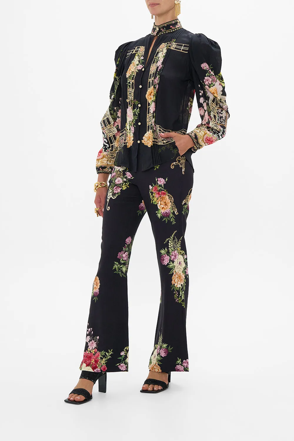 PINTUCK BLOUSE WITH DRAPED SLEEVE ADORNED IN ALEXANDRIA