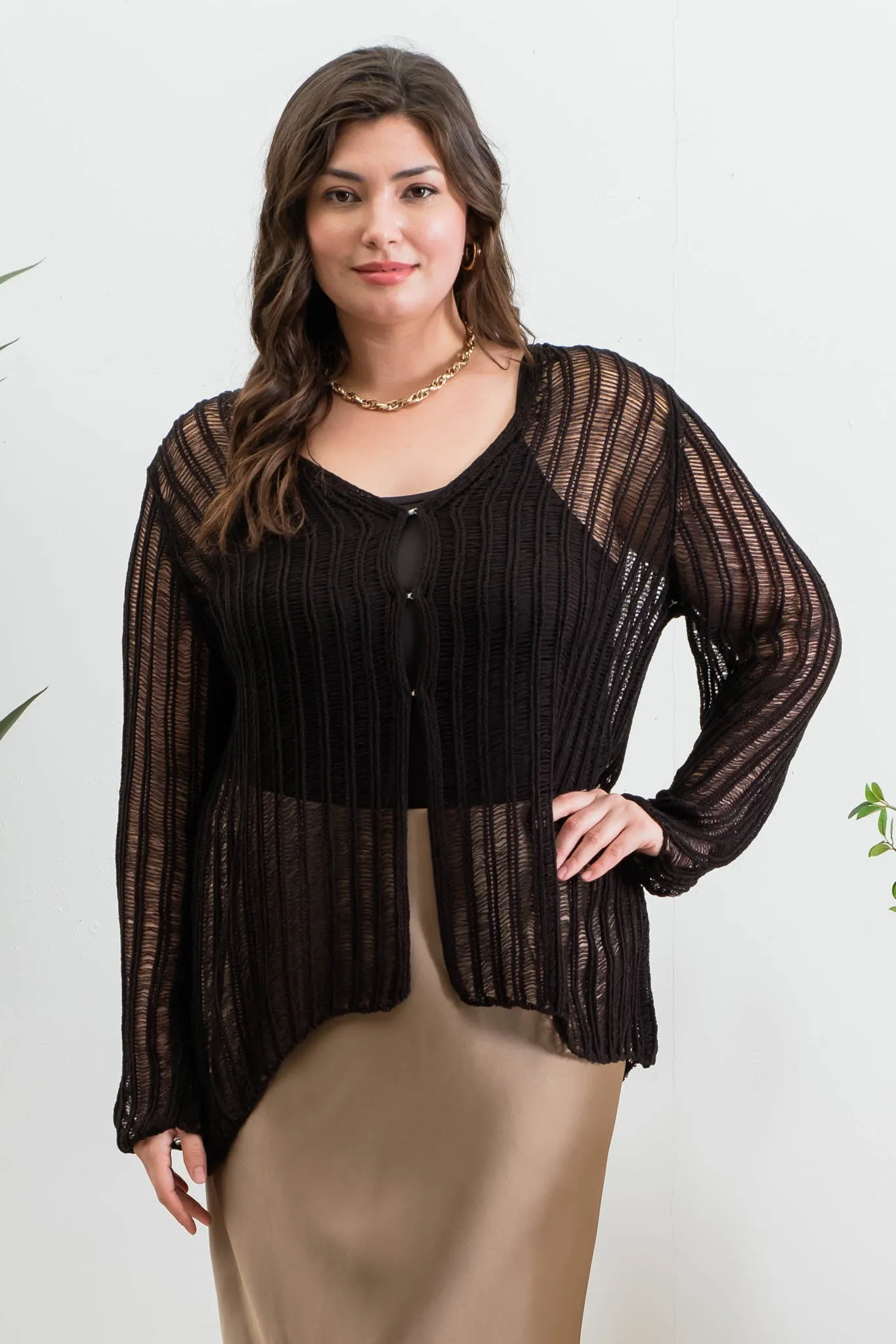 PLUS FRONT HOOK AND EYE CROCHET KNIT CARDIGAN