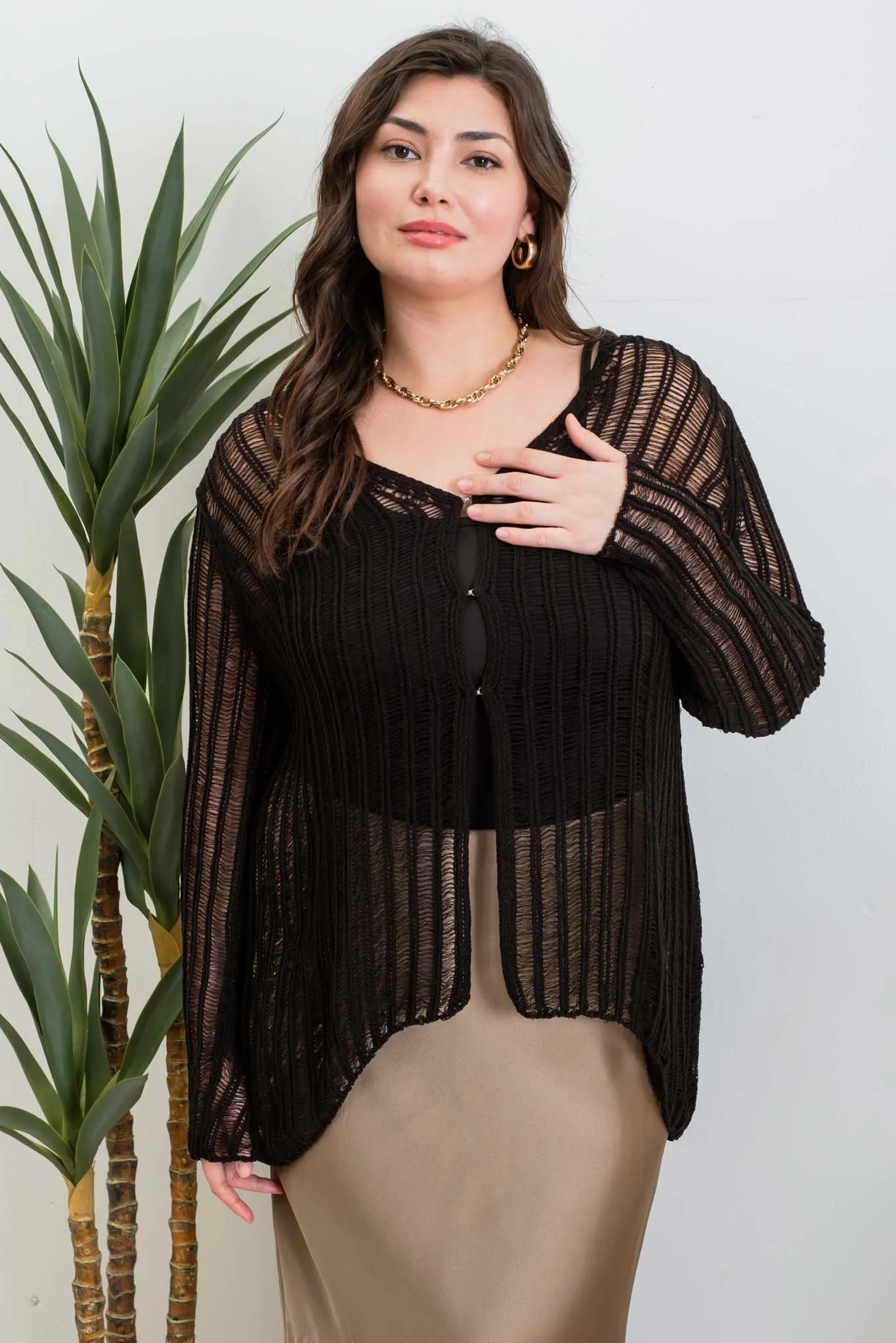 PLUS FRONT HOOK AND EYE CROCHET KNIT CARDIGAN