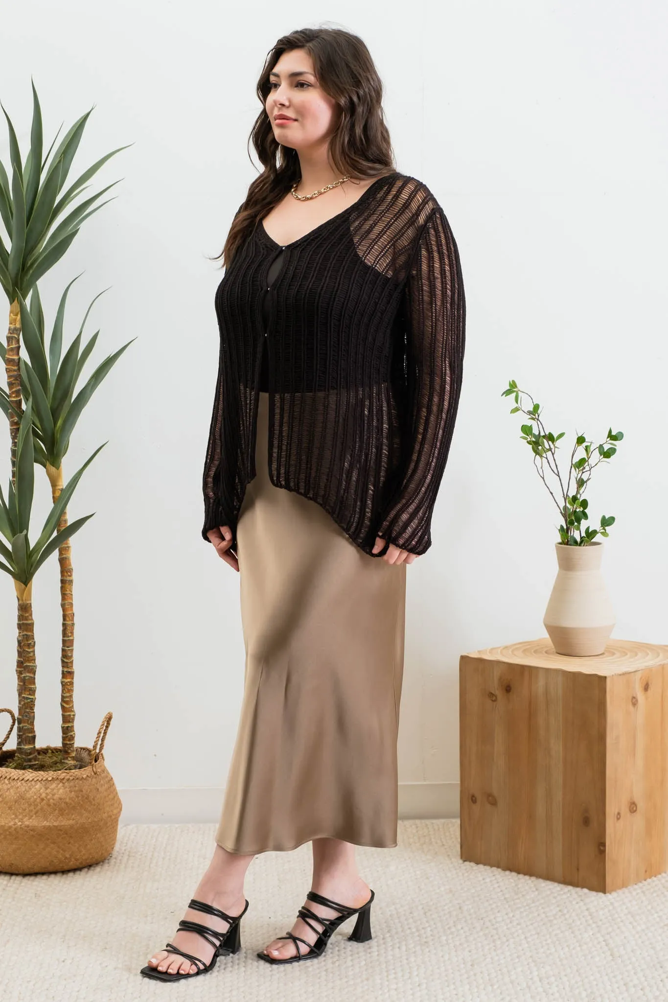 PLUS FRONT HOOK AND EYE CROCHET KNIT CARDIGAN