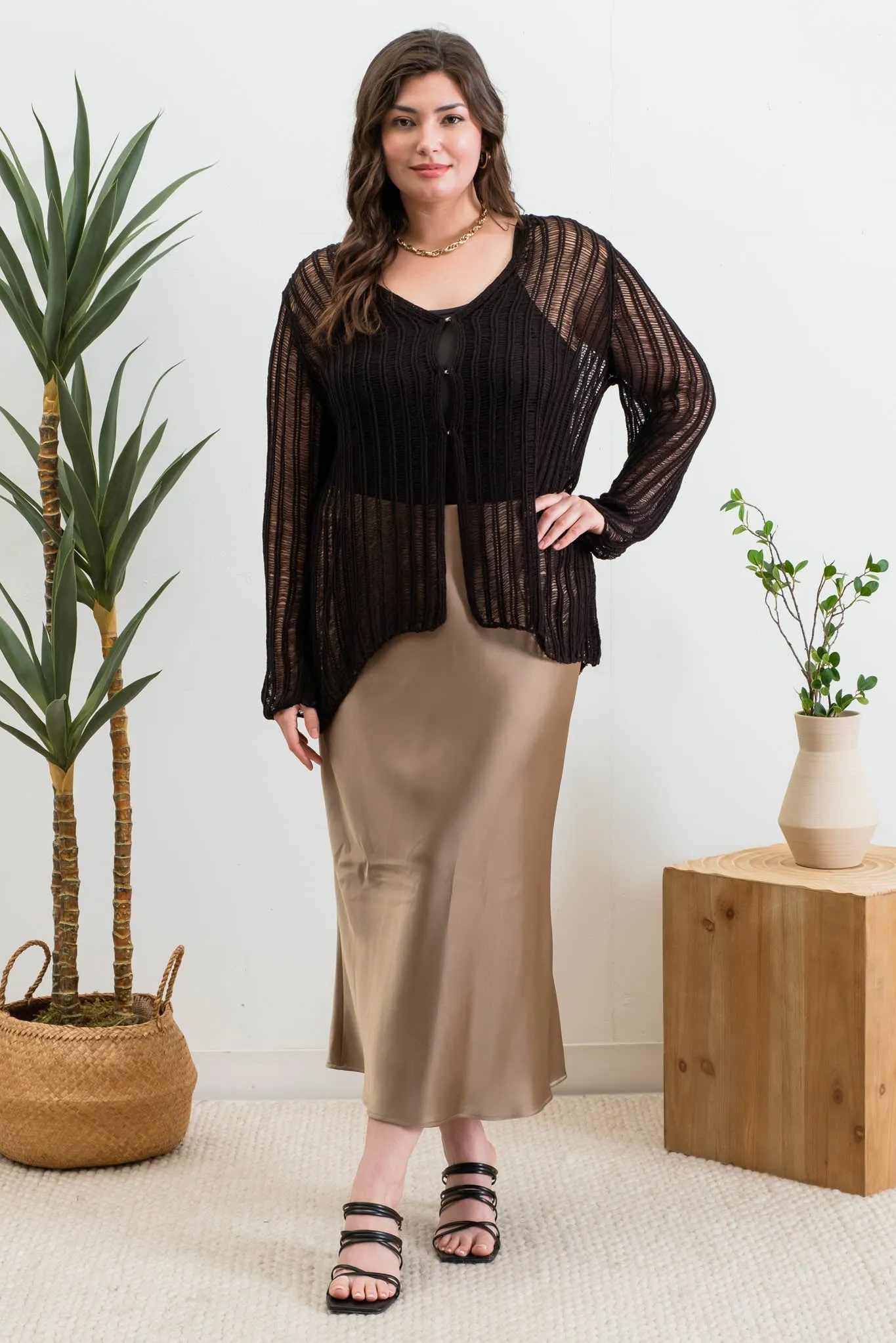 PLUS FRONT HOOK AND EYE CROCHET KNIT CARDIGAN